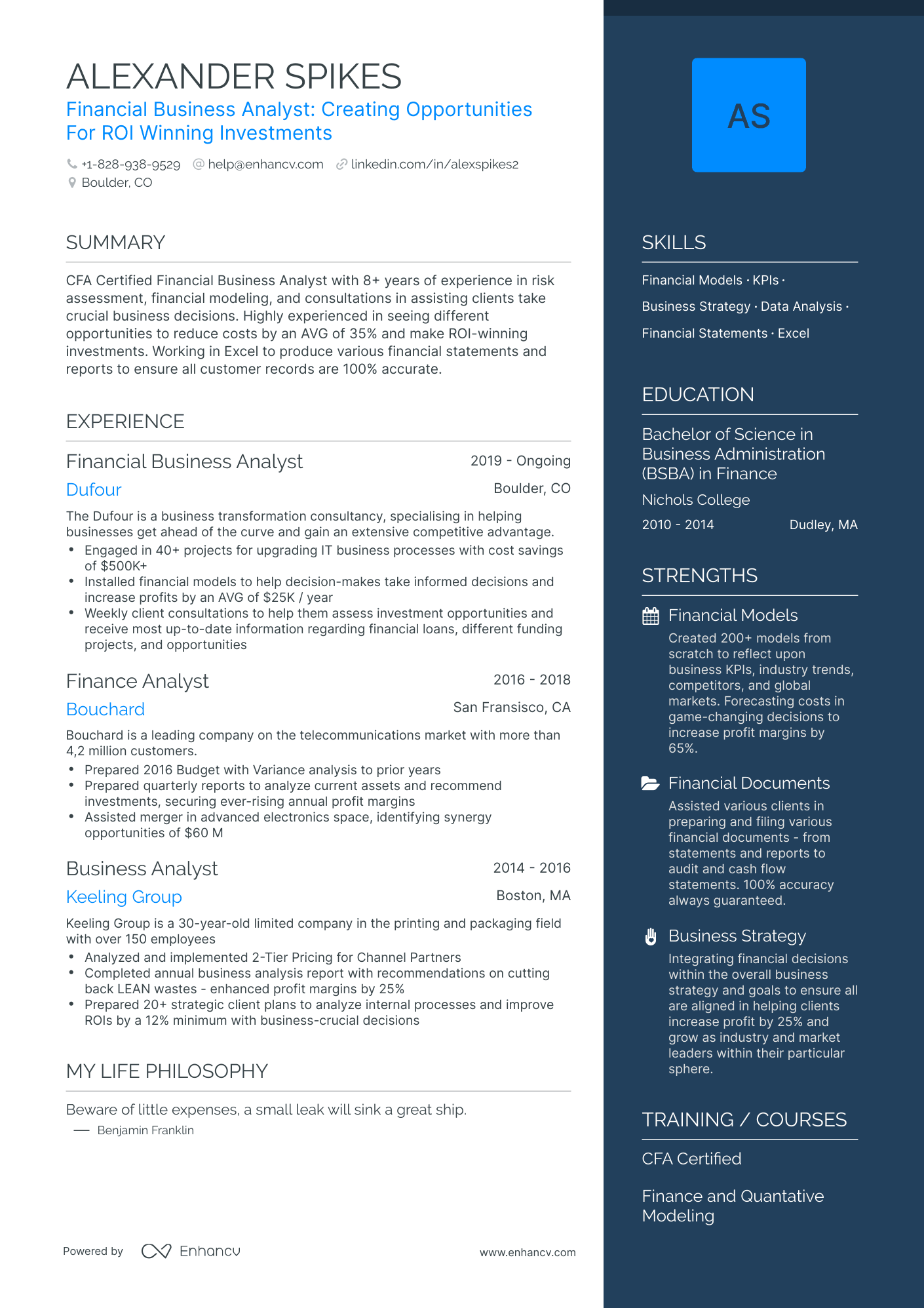 One Page Financial Business Analyst Resume Template