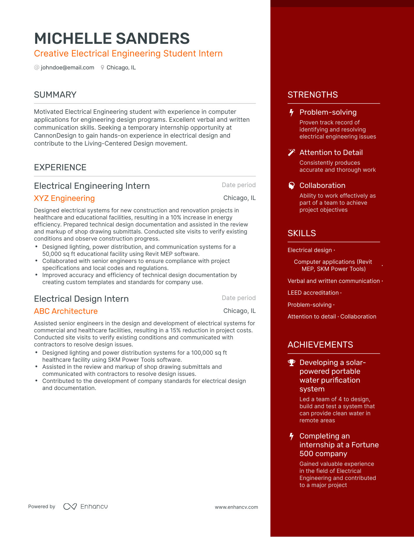 One Page Engineering Student Resume Template