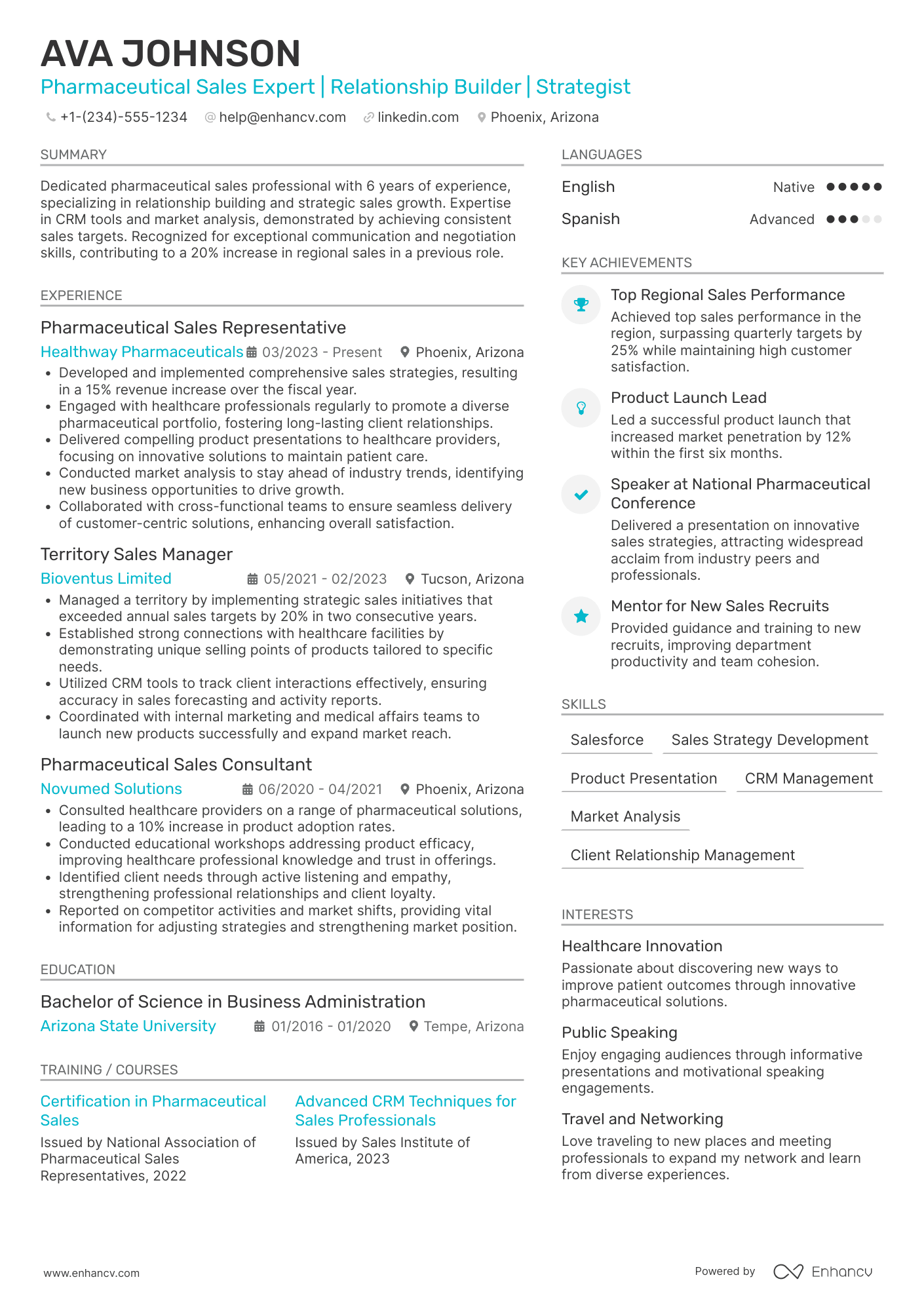 A resume example of a Pharmaceutical Sales Representative