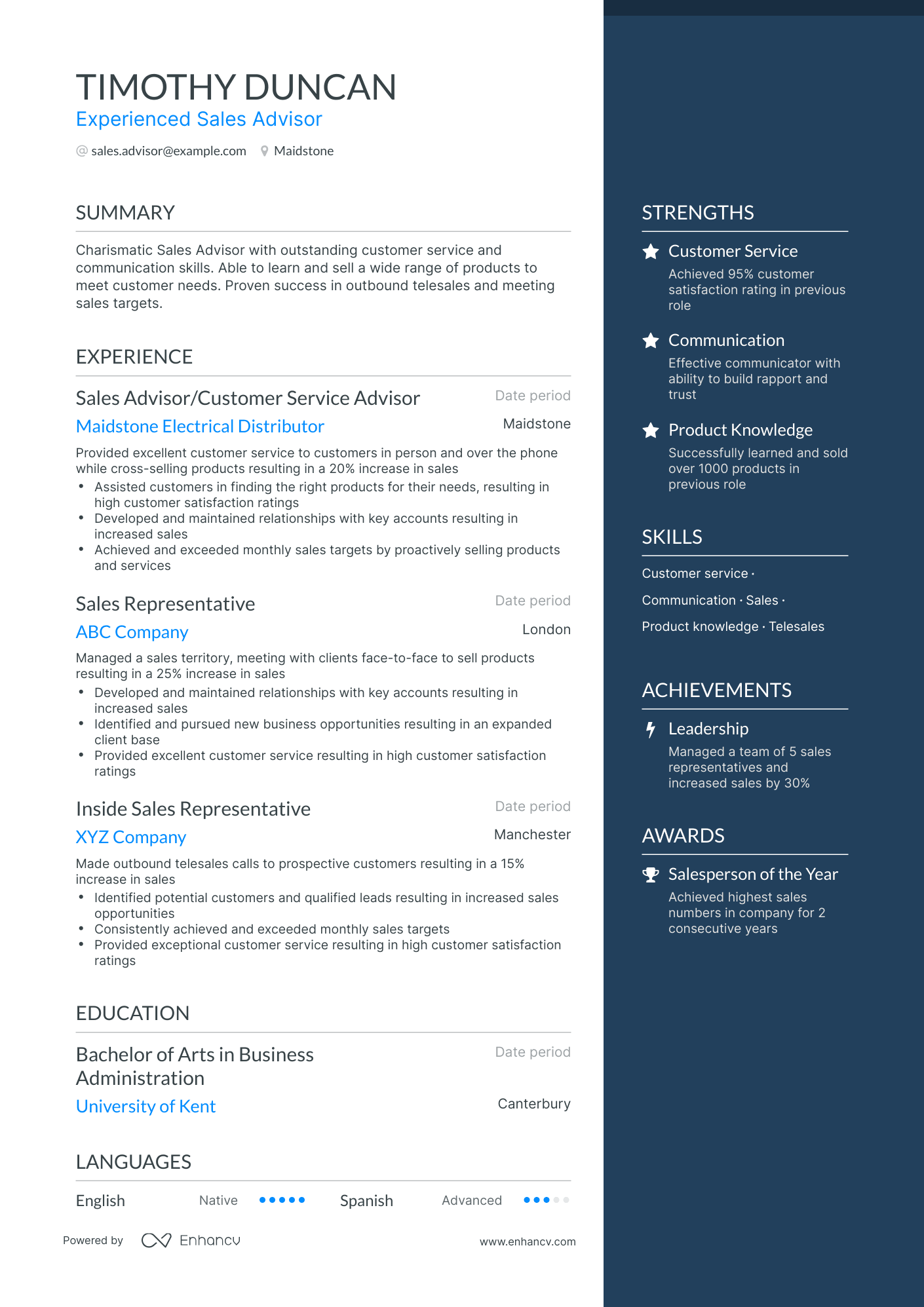 One Page Sales Advisor Resume Template