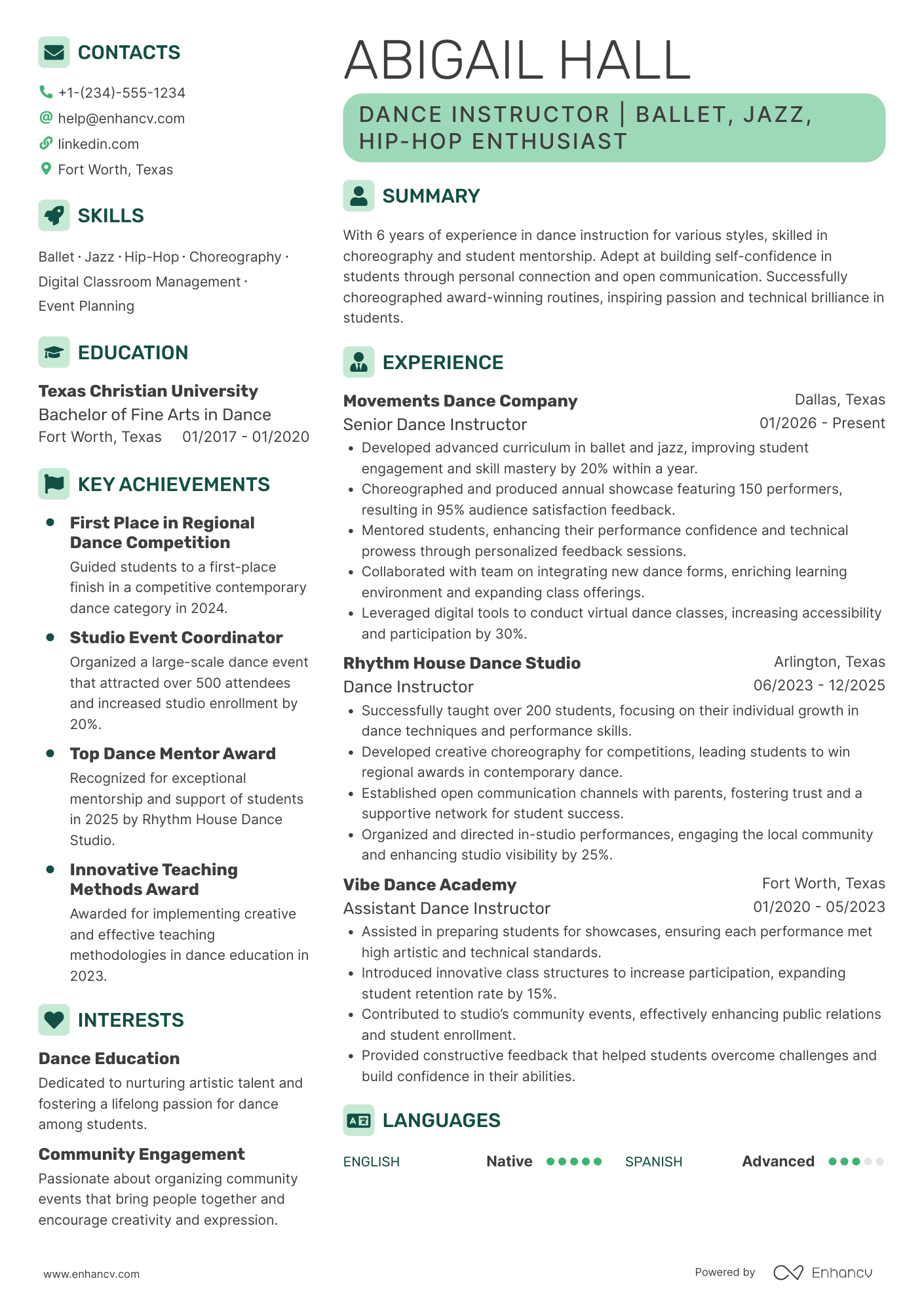 A resume example of a Dance Instructor