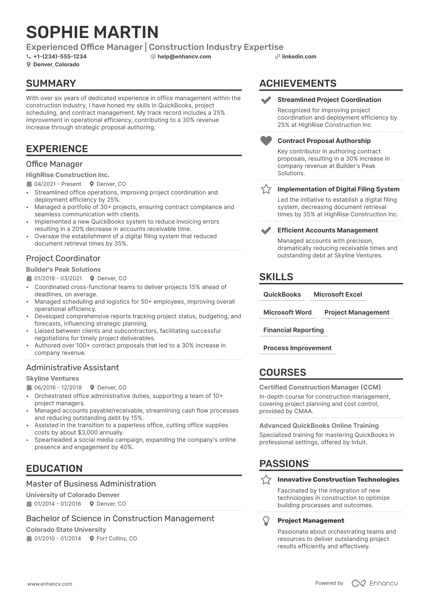 construction project manager experience resume