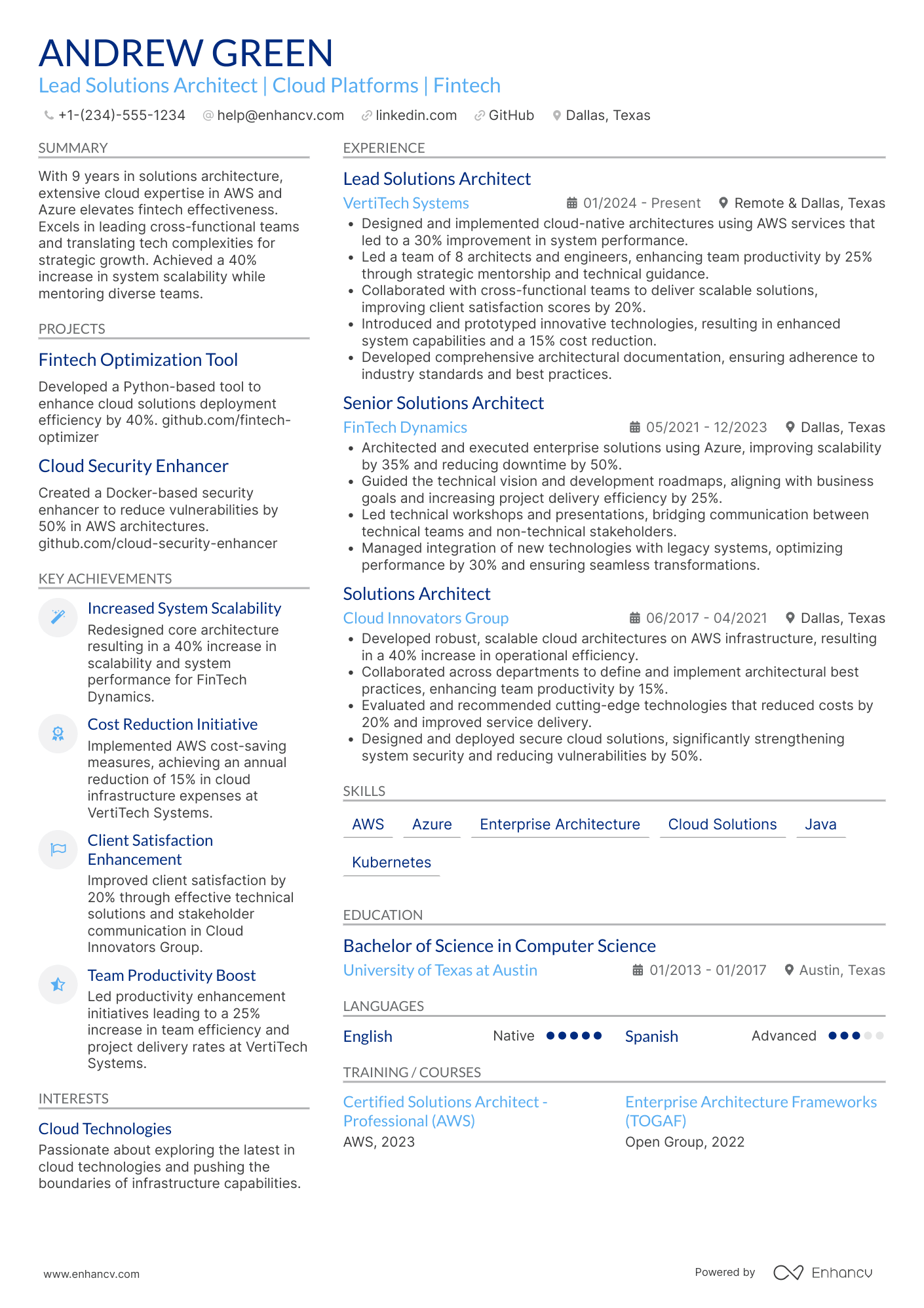 A resume example of a Lead Solutions Architect