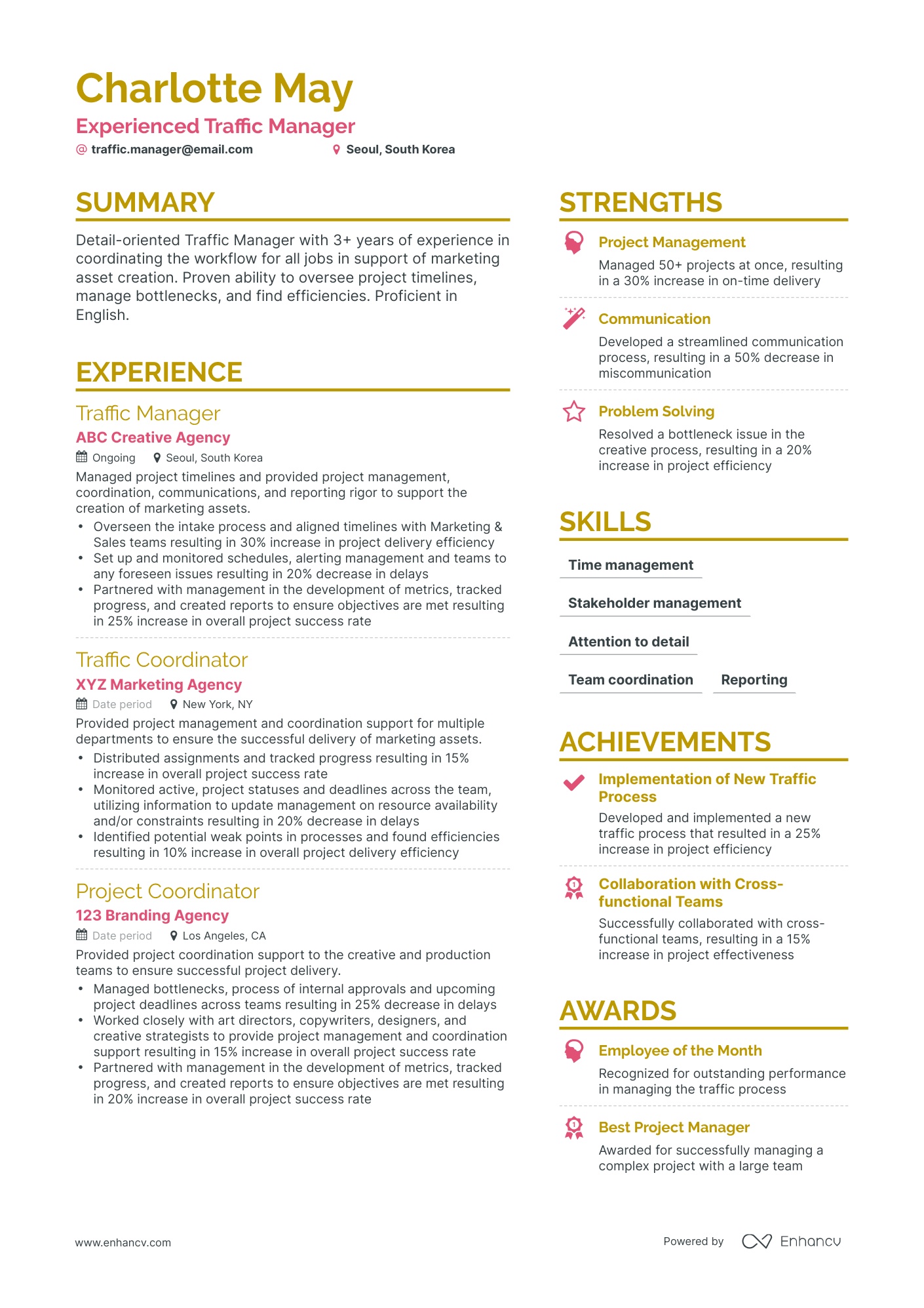 Simple Traffic Manager Resume Template