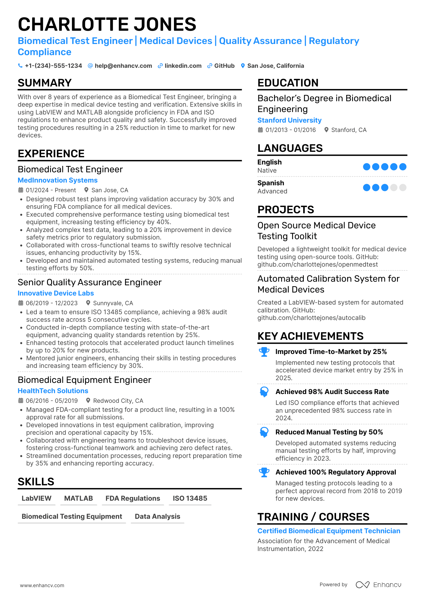 A resume example of a Biomedical Test Engineer