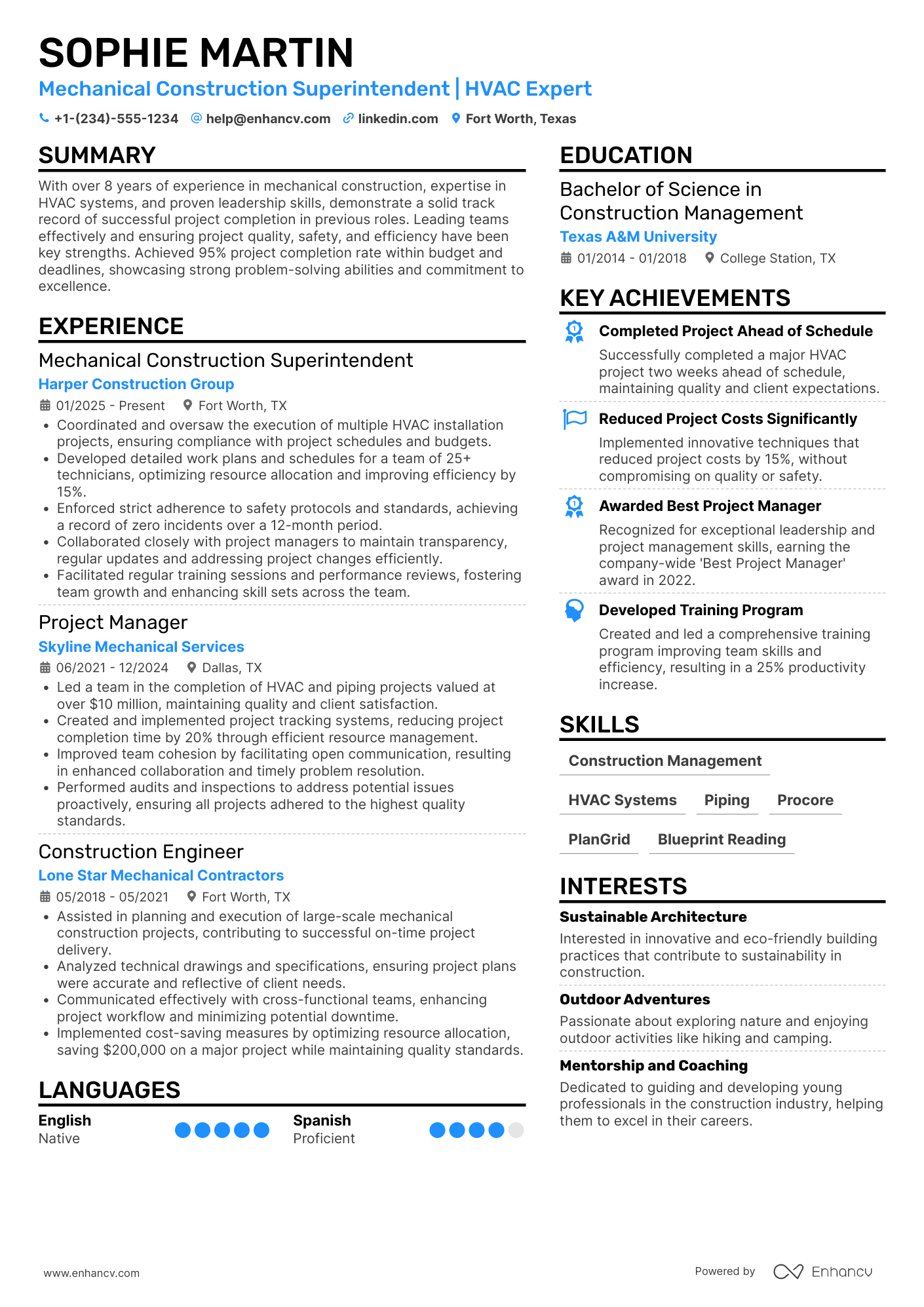A resume example of a Mechanical Construction Superintendent