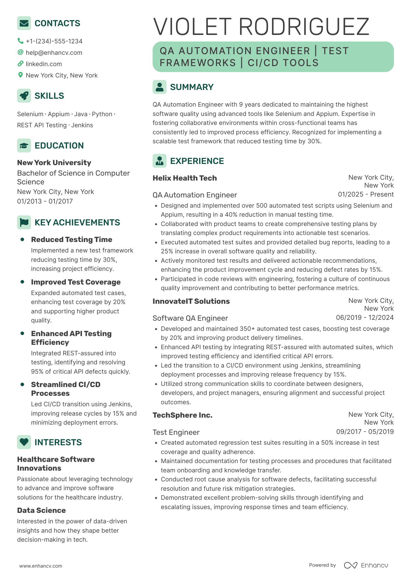 A resume example of a QA Automation