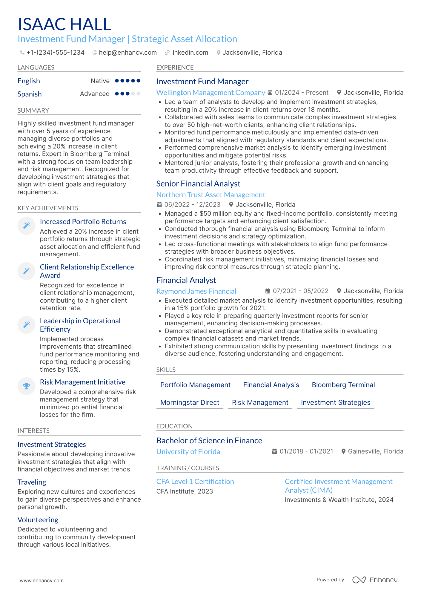 A resume example of a Investment Fund Manager