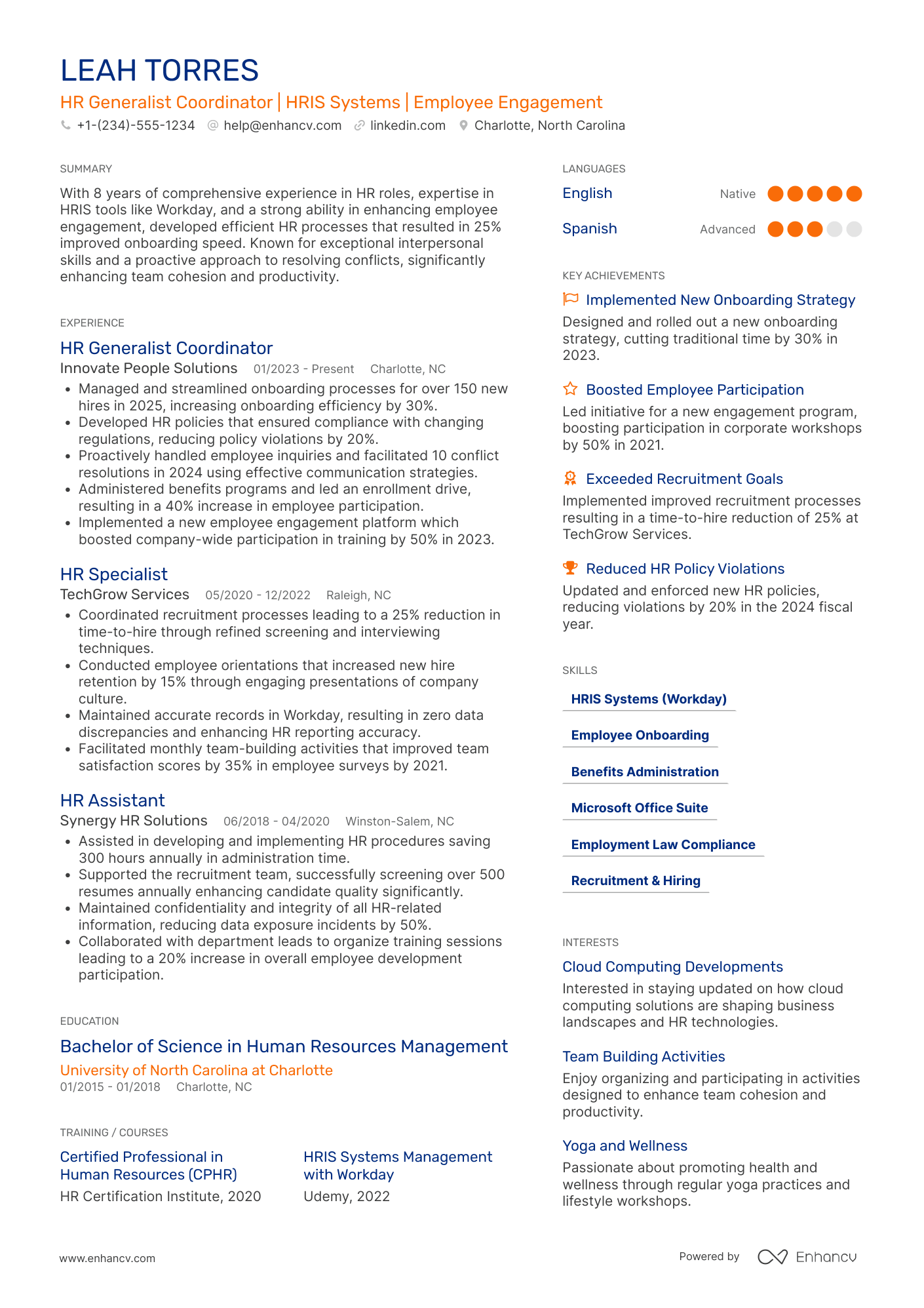 A resume example of a HR Generalist Coordinator