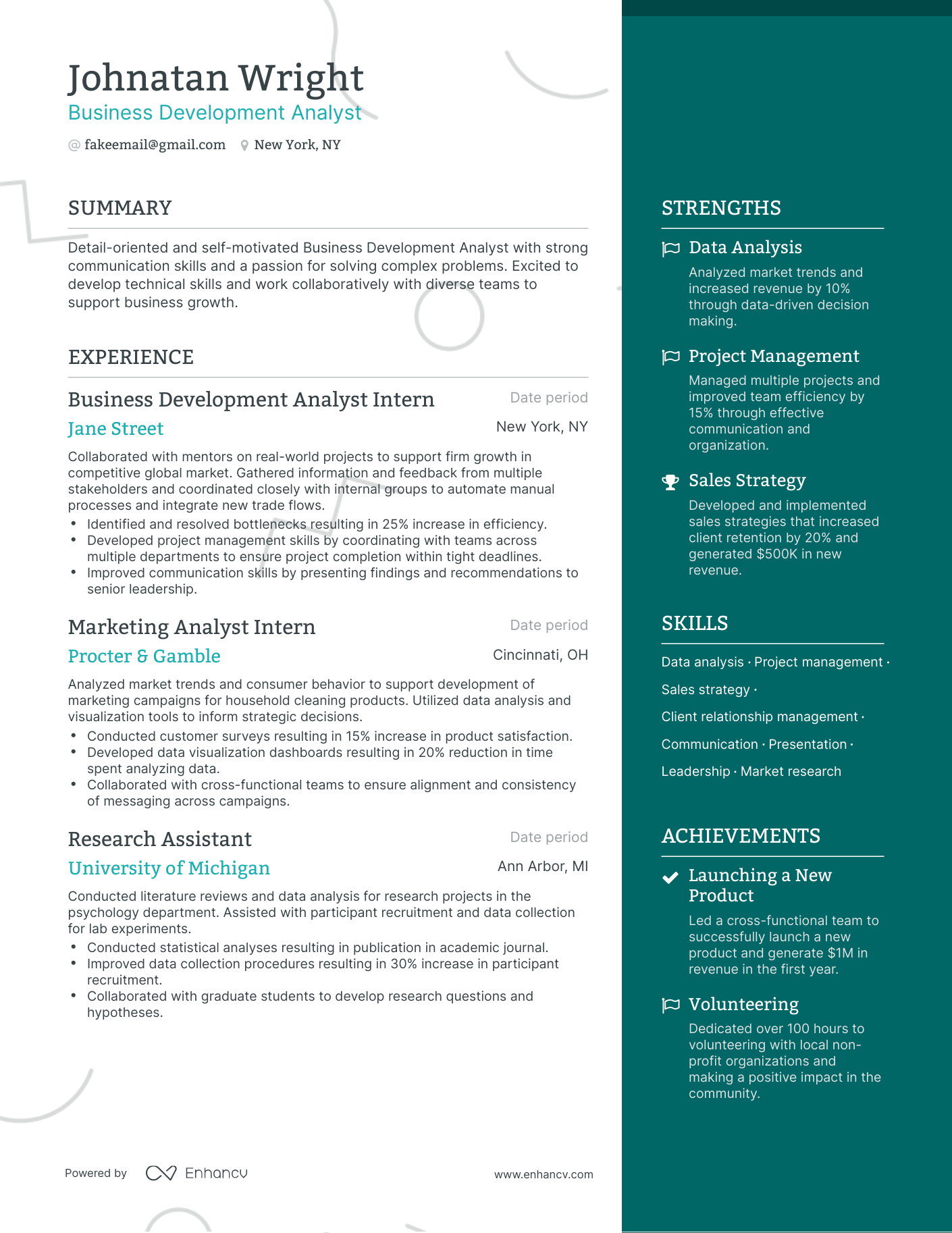 One Page Business Development Analyst Resume Template