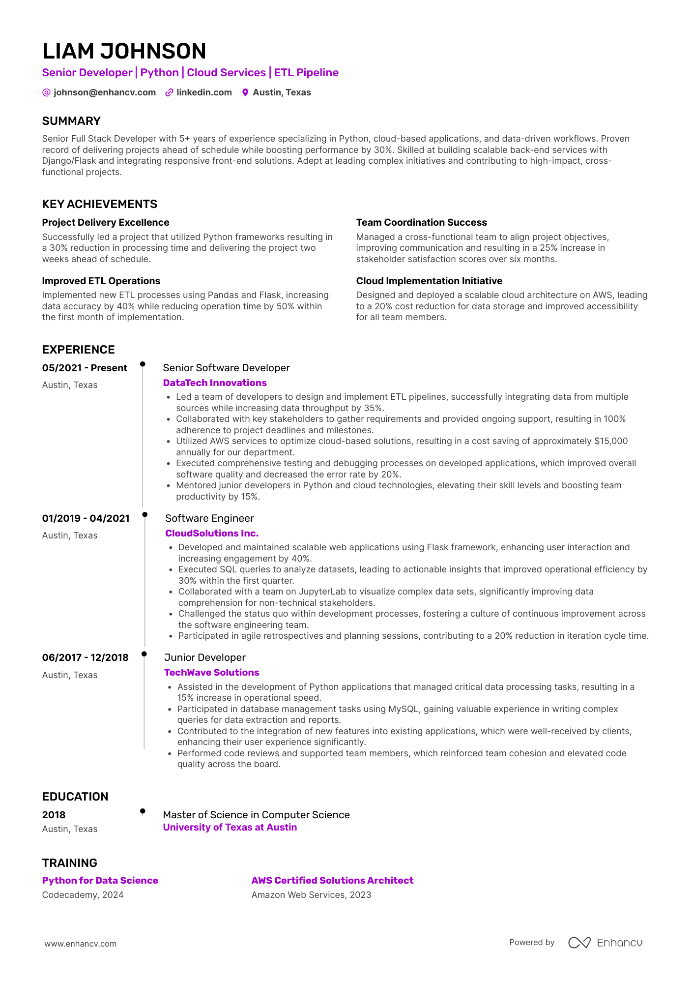 A resume example of a Python Full Stack Developer