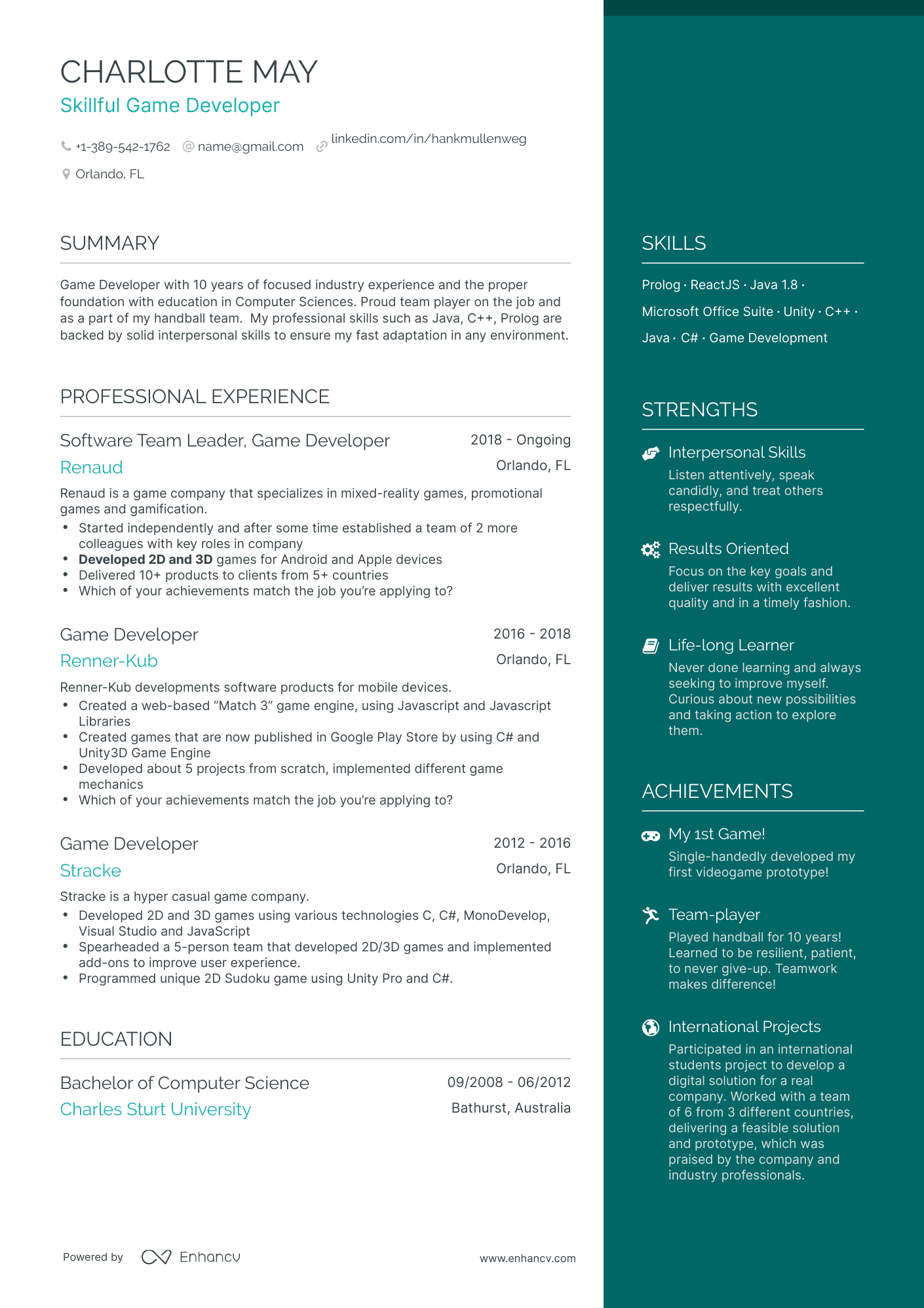 One Page Game Developer Resume Template