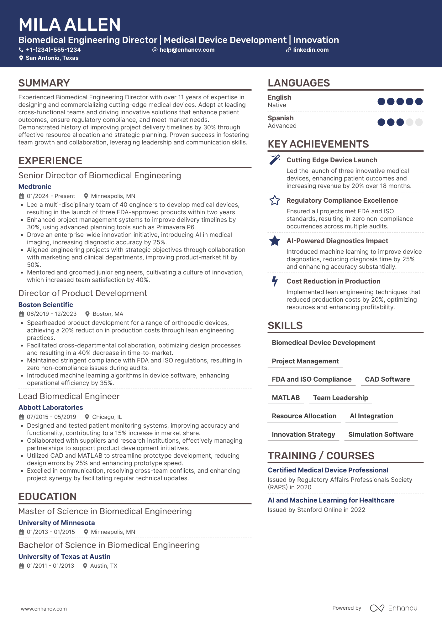 A resume example of a Biomedical Engineering Director