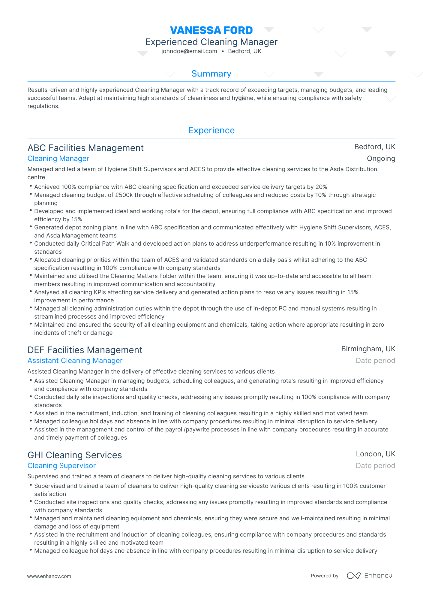 Traditional Cleaning Manager Resume Template