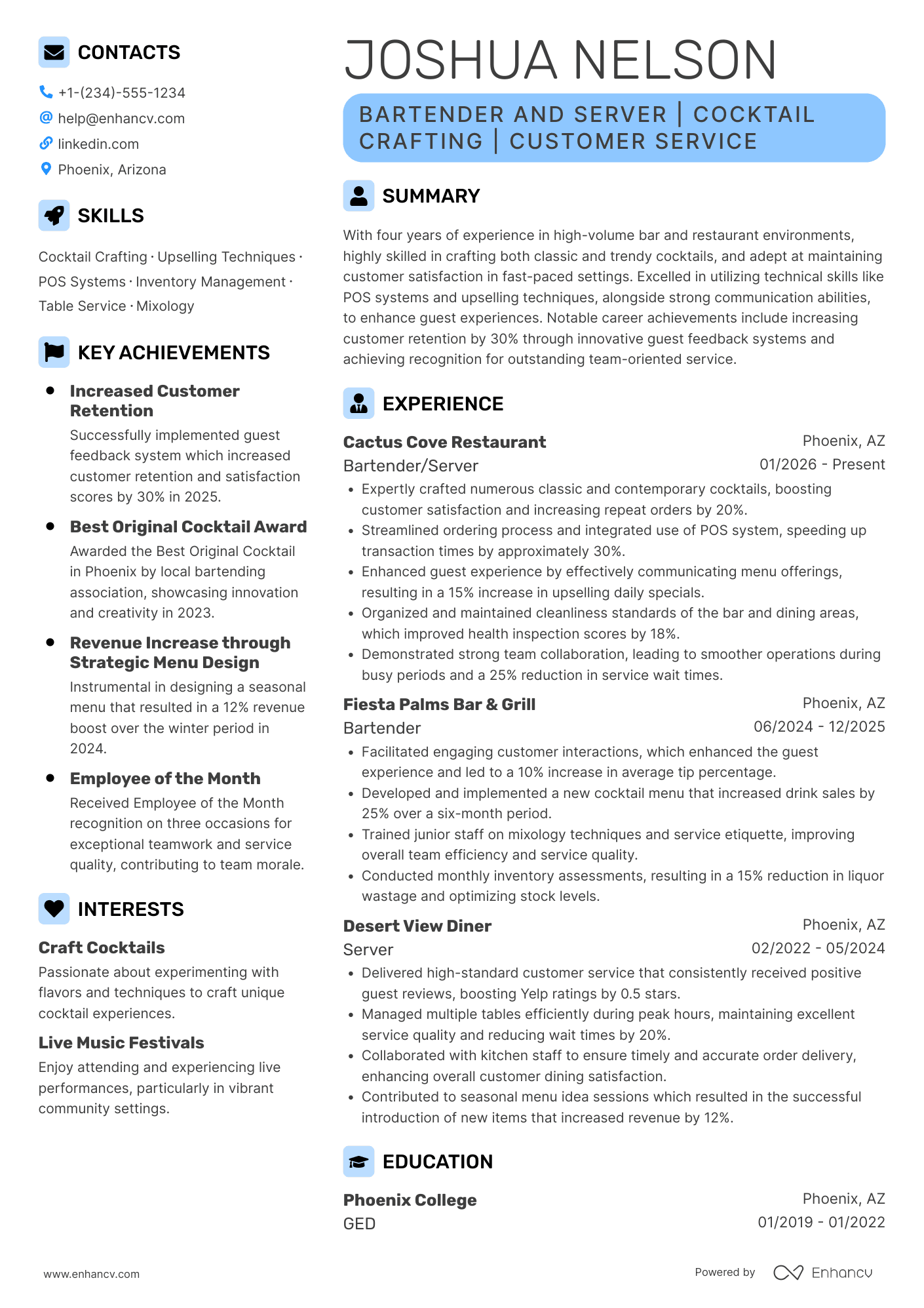 A resume example of a Bartender/Server