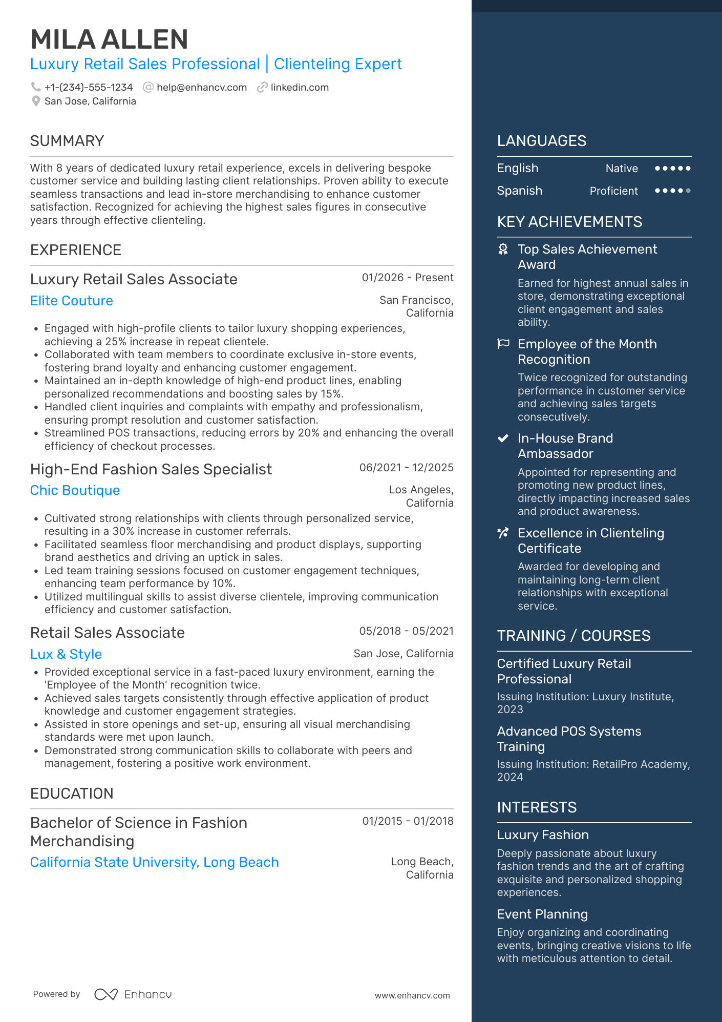 A resume example of a Luxury Retail