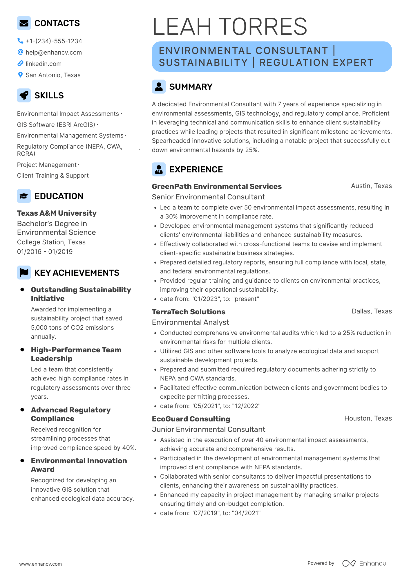 A resume example of a Environmental Consultant