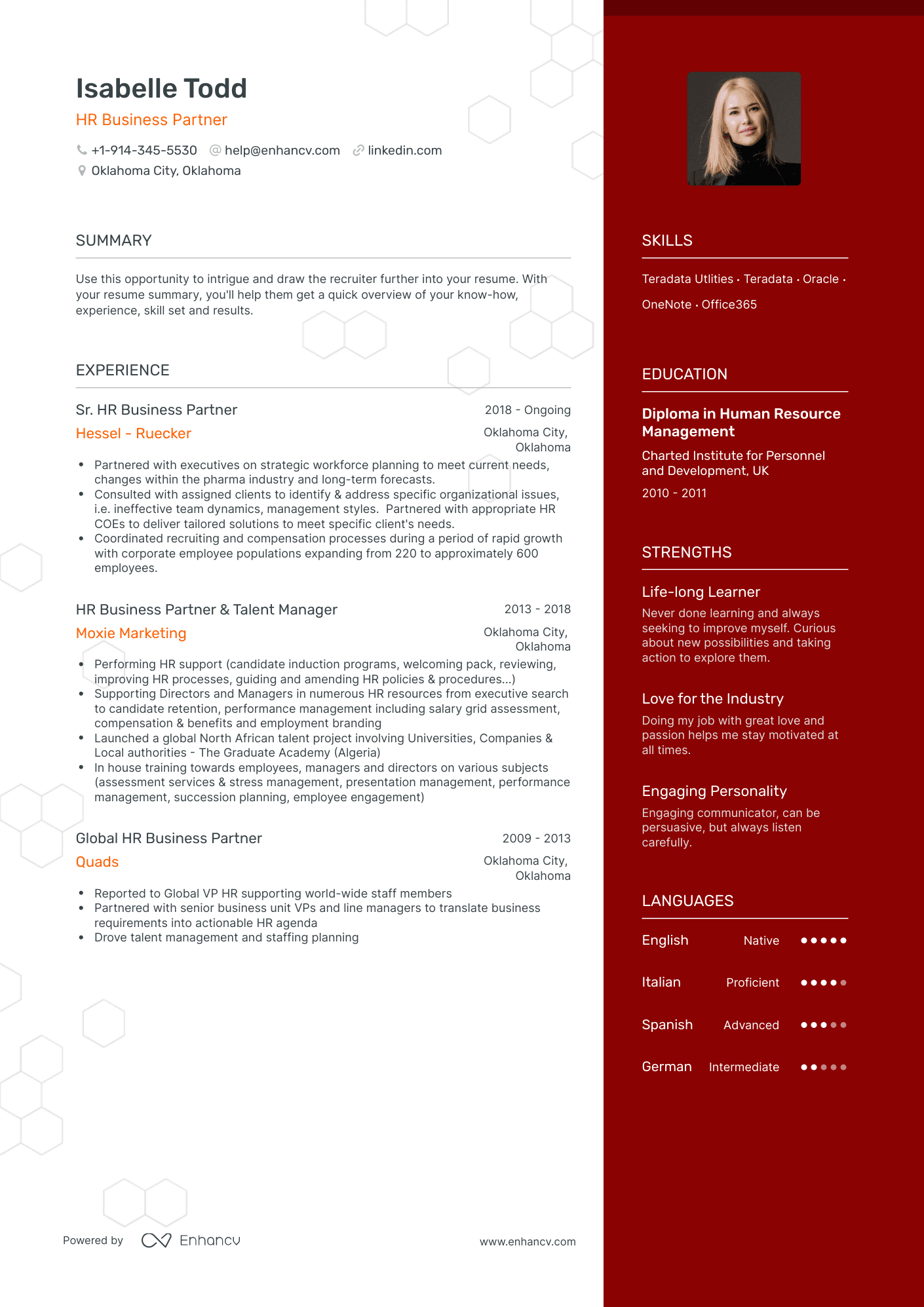 One Page HR Business Partner Resume Template