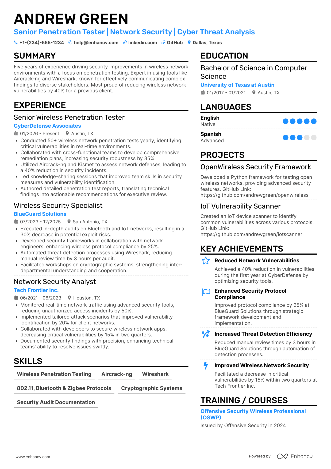 A resume example of a Wireless Penetration Tester
