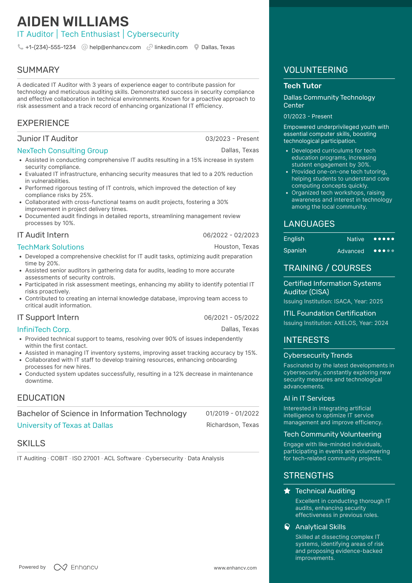 A resume example of a Junior IT Auditor