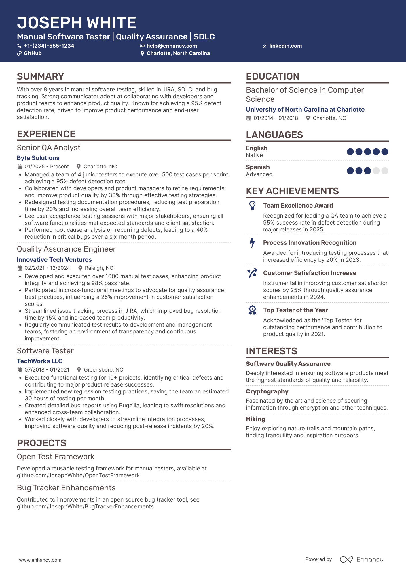 A resume example of a Manual Software Tester
