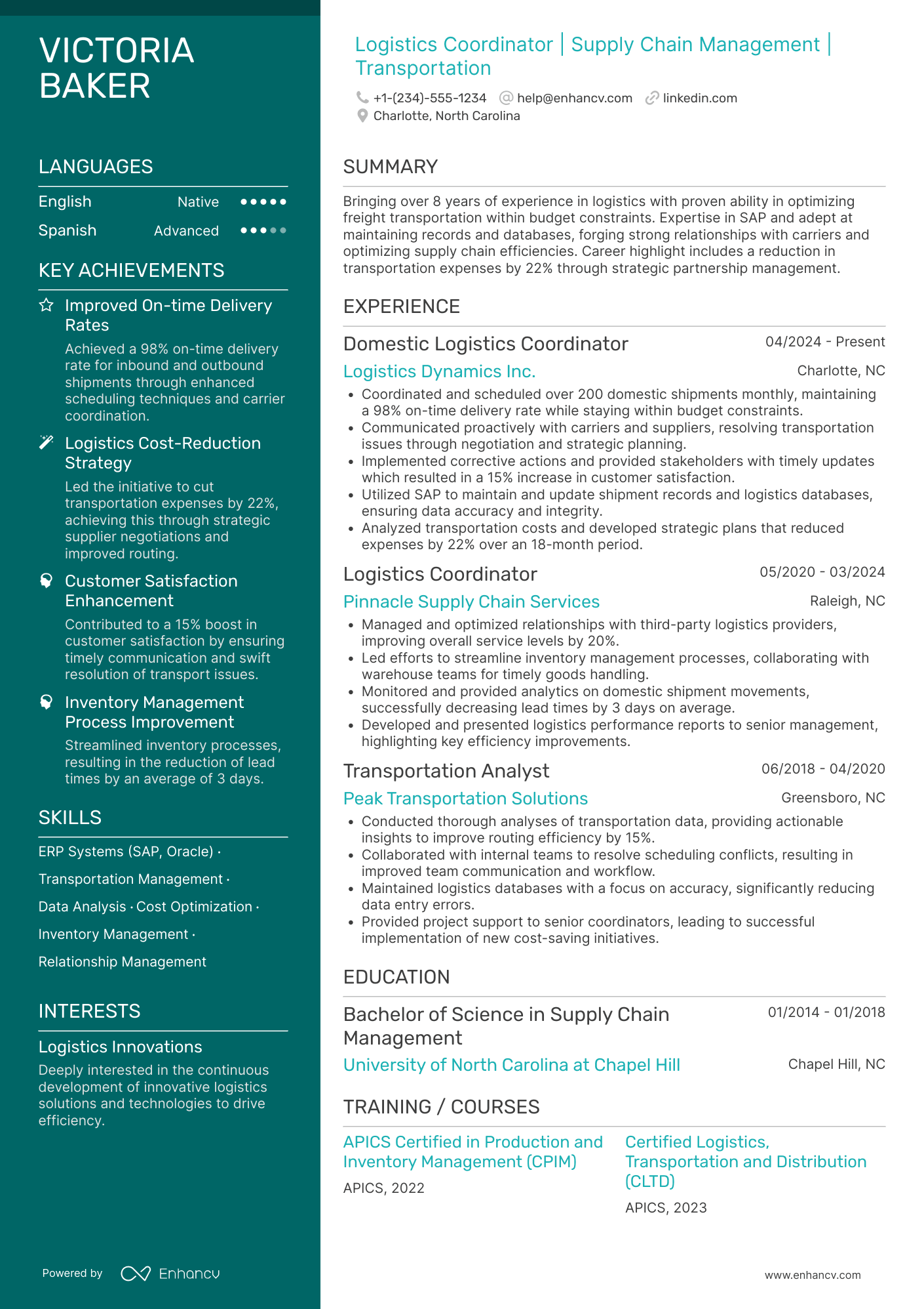 A resume example of a Domestic Logistics Coordinator