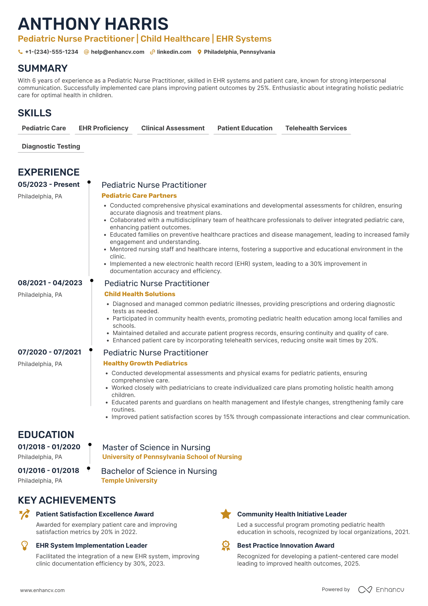 A resume example of a Pediatric Nurse Practitioner (PNP)