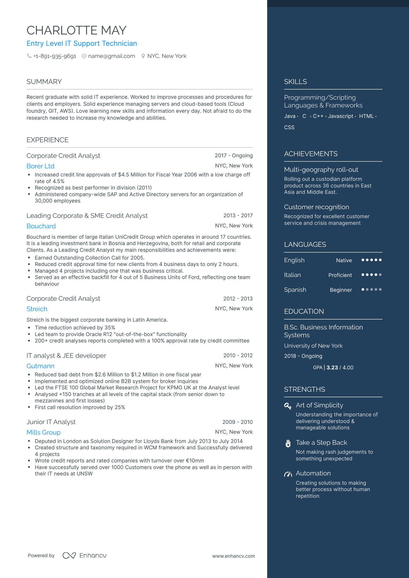 One Page Entry Level IT Resume Template