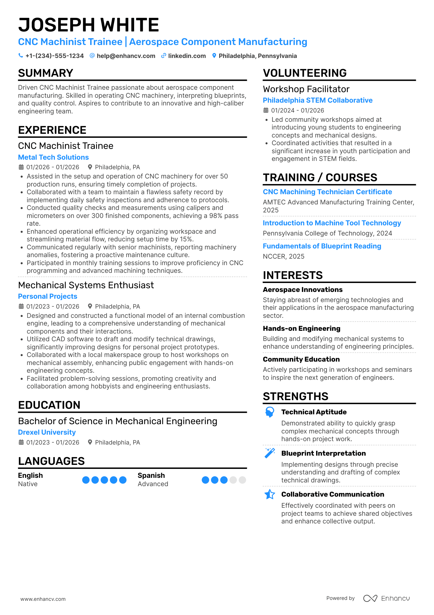 A resume example of a CNC Machinist Trainee