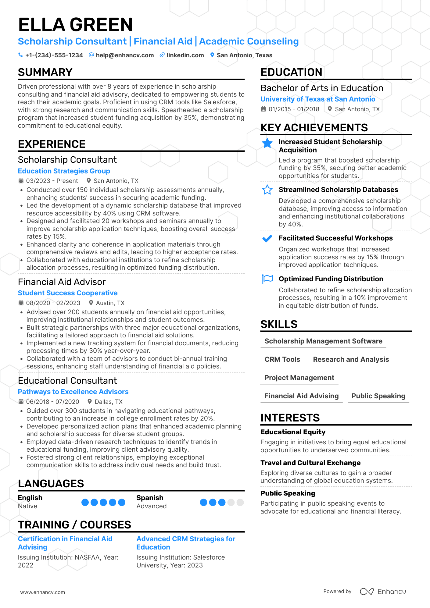 A resume example of a Scholarship Consultant