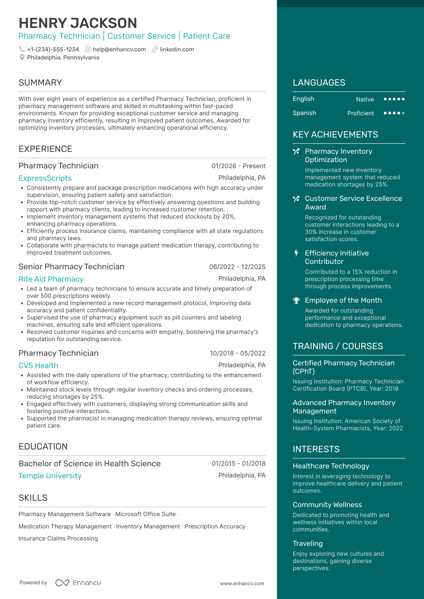 A resume example of a Walmart Pharmacy Technician