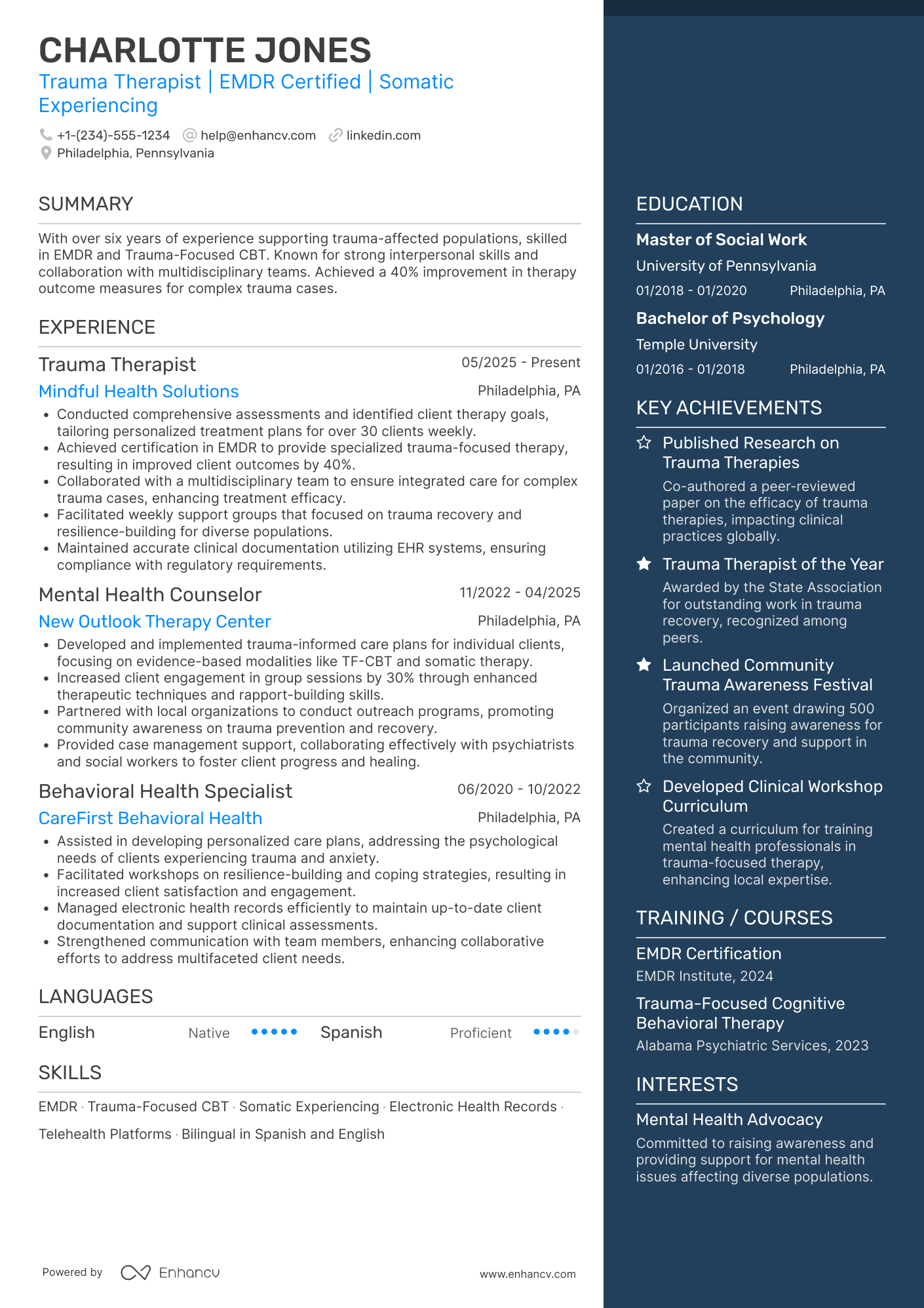 A resume example of a Trauma Therapist