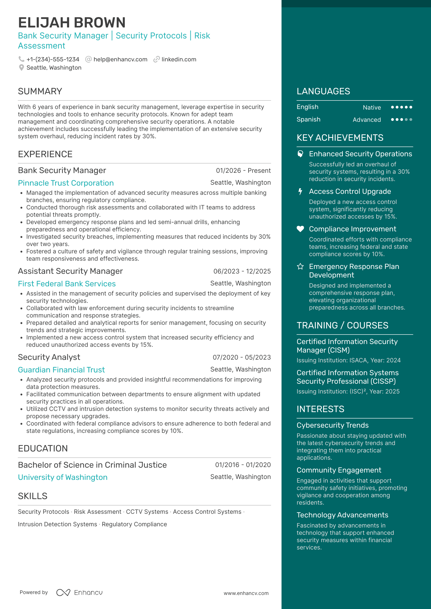 A resume example of a Bank Security Manager