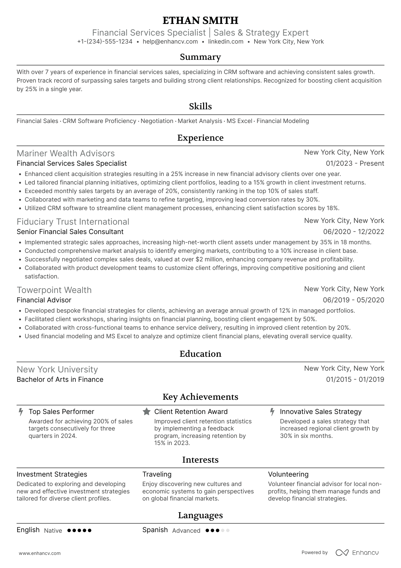 A resume example of a Financial Services Sales Representative