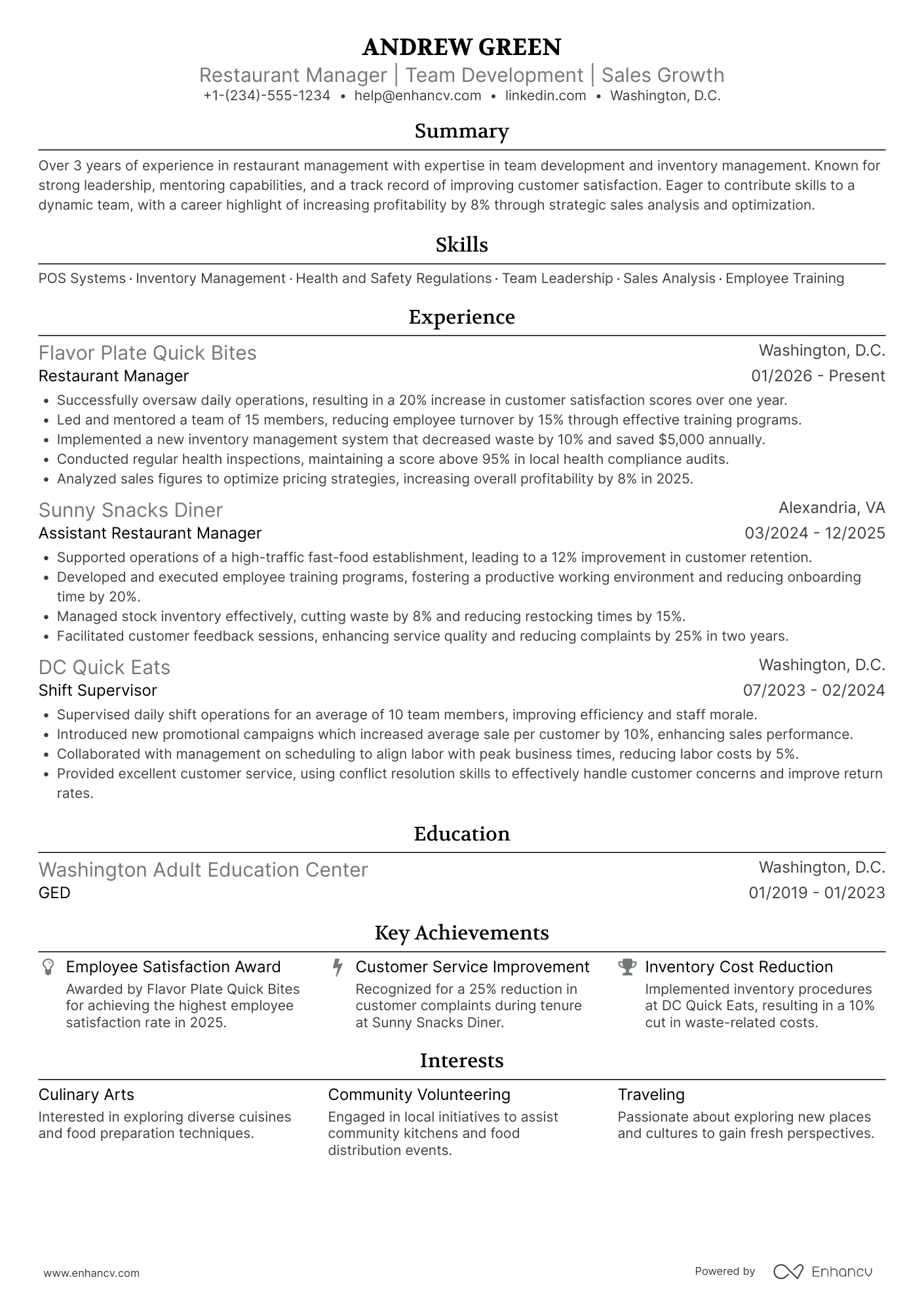 A resume example of a Fast Food Restaurant Manager