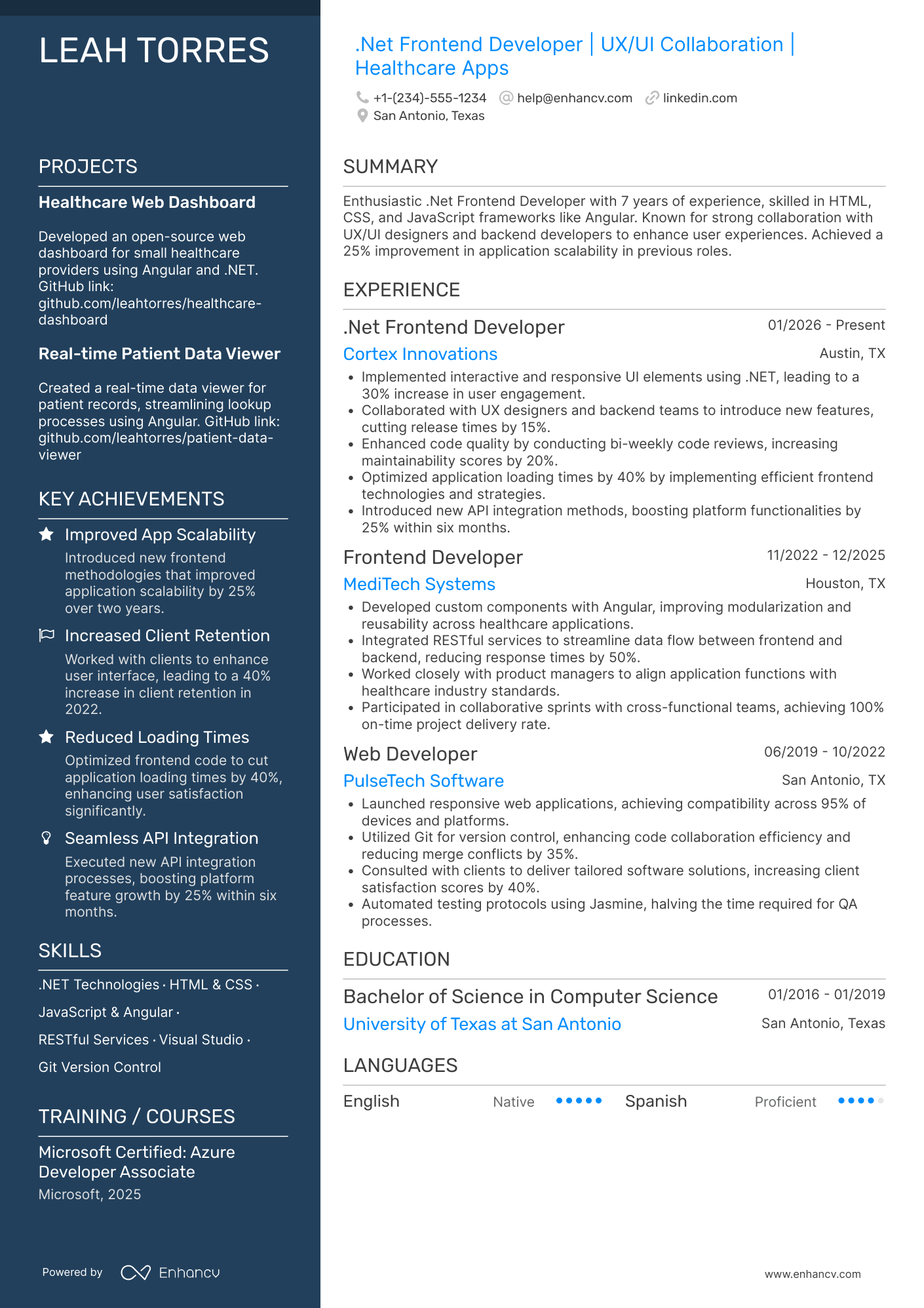 A resume example of a .Net Frontend Developer
