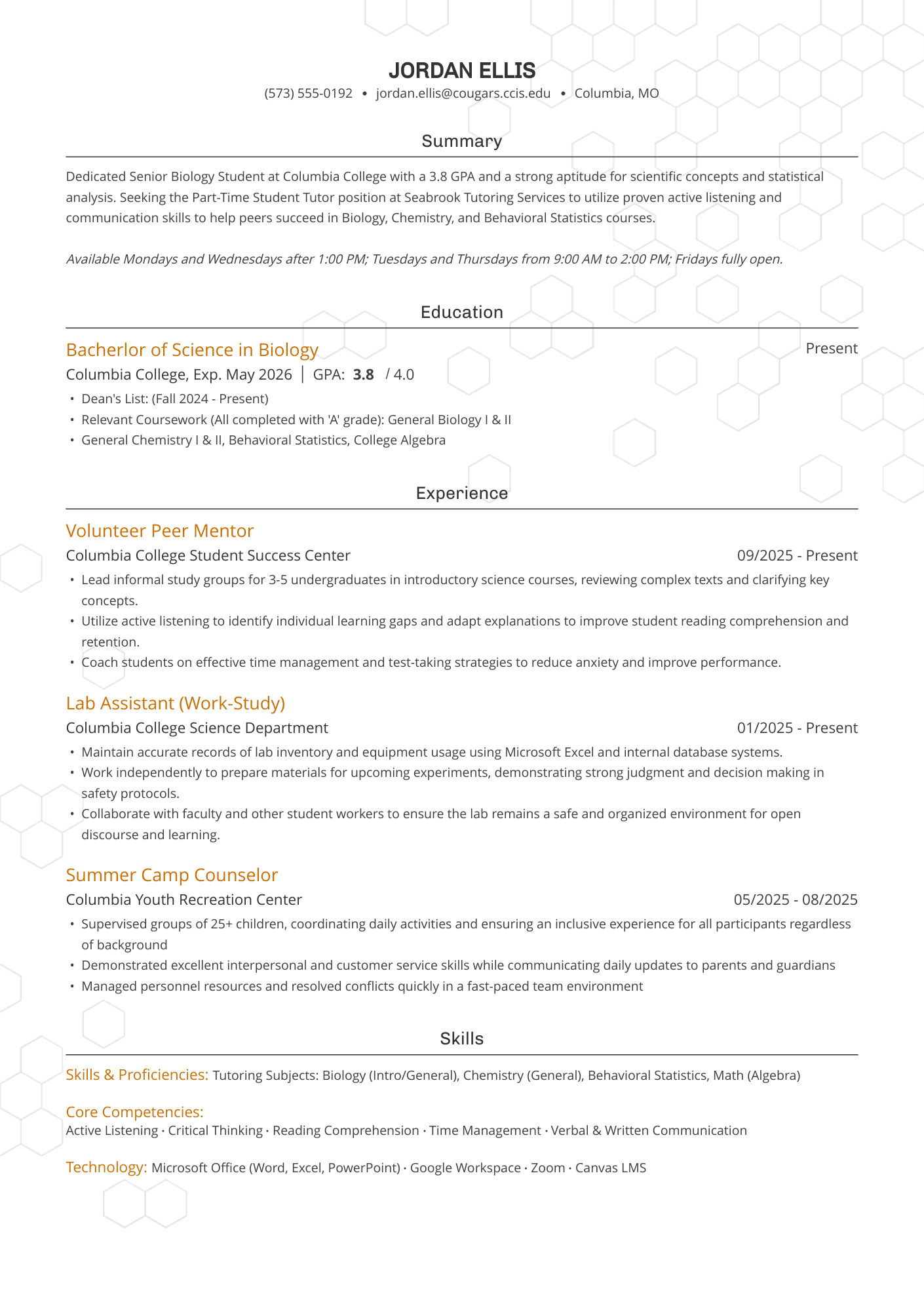 A resume example of a Senior Year College