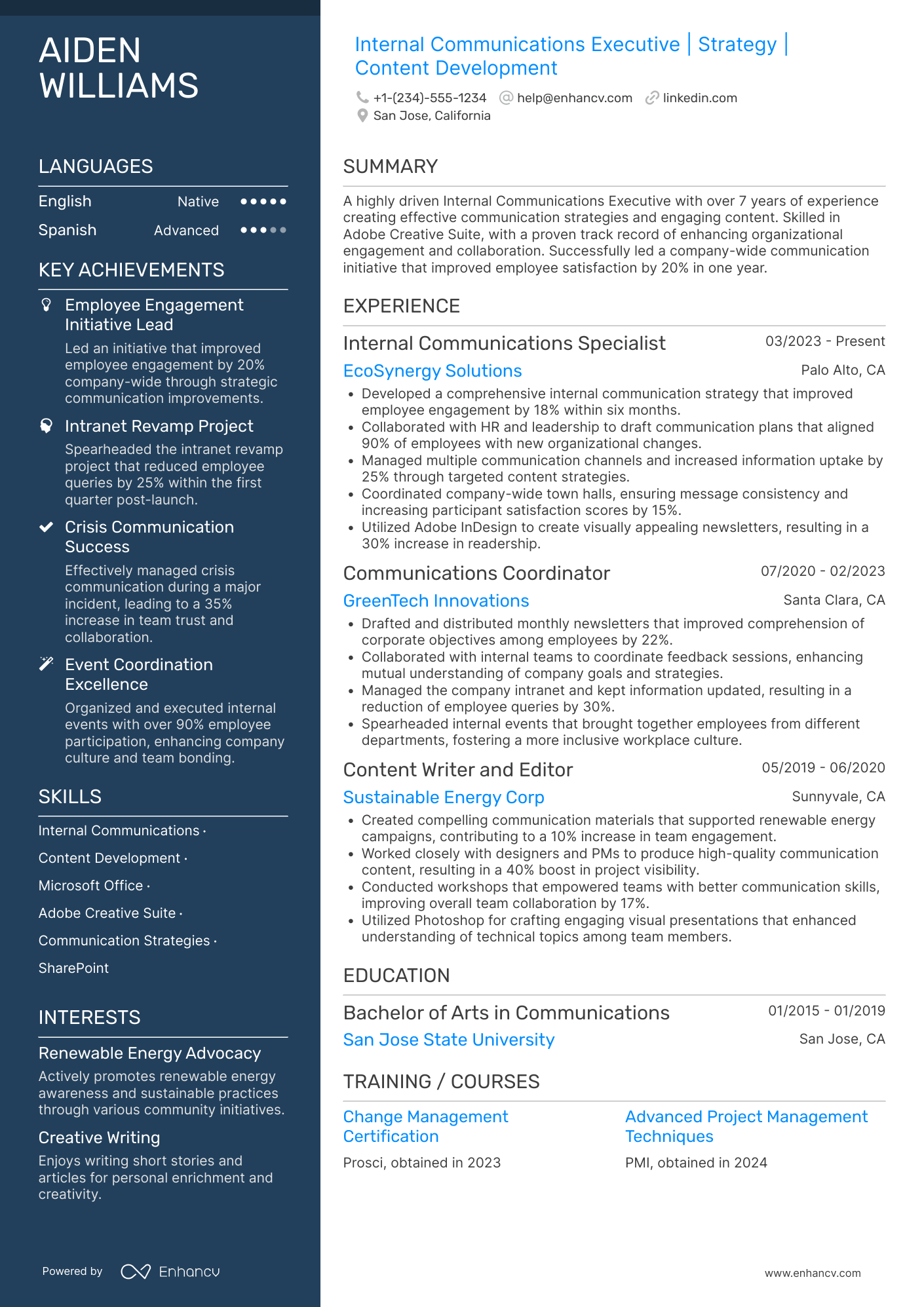 A resume example of a Internal Communications Executive