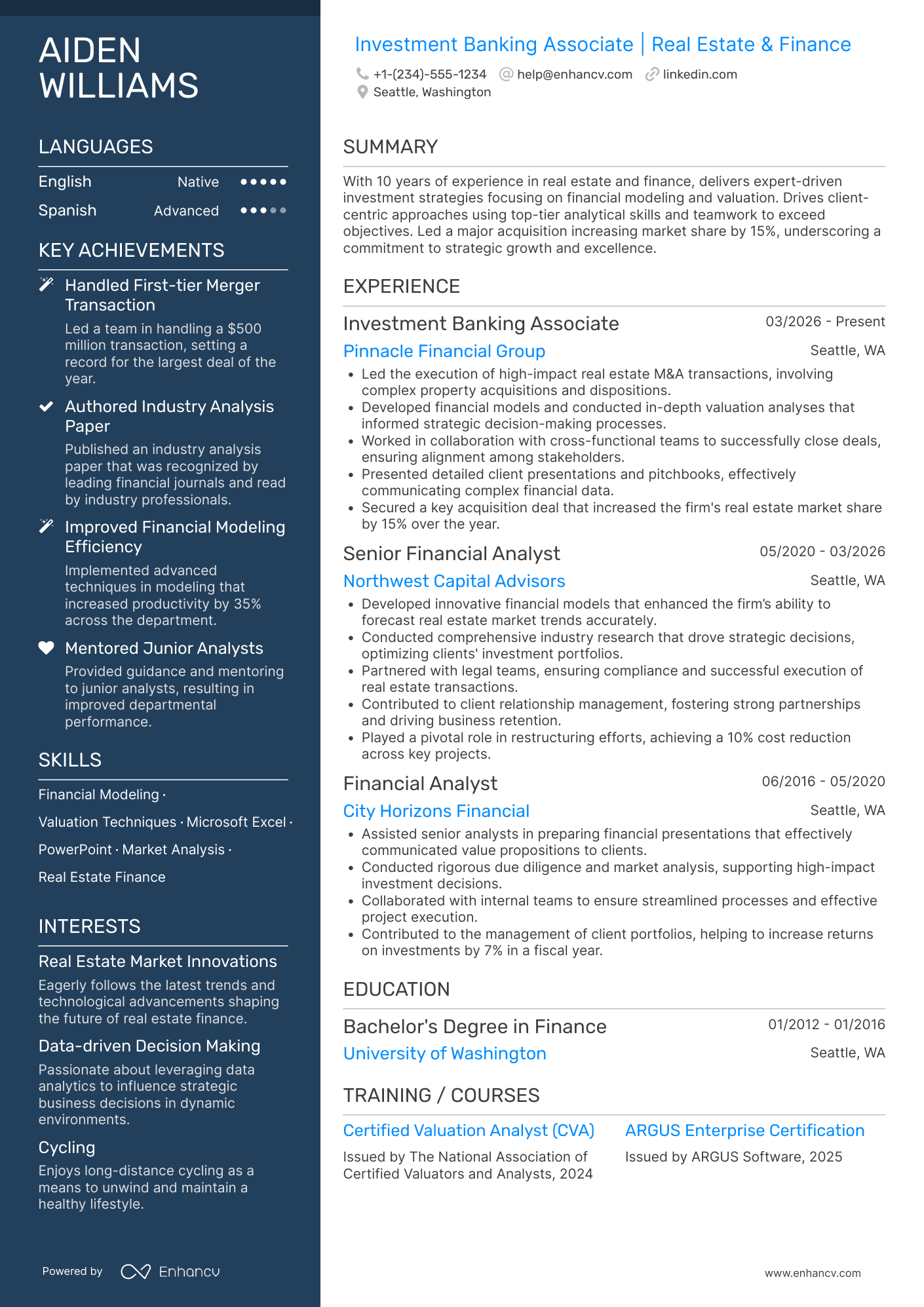 A resume example of a Real Estate Investment Banking