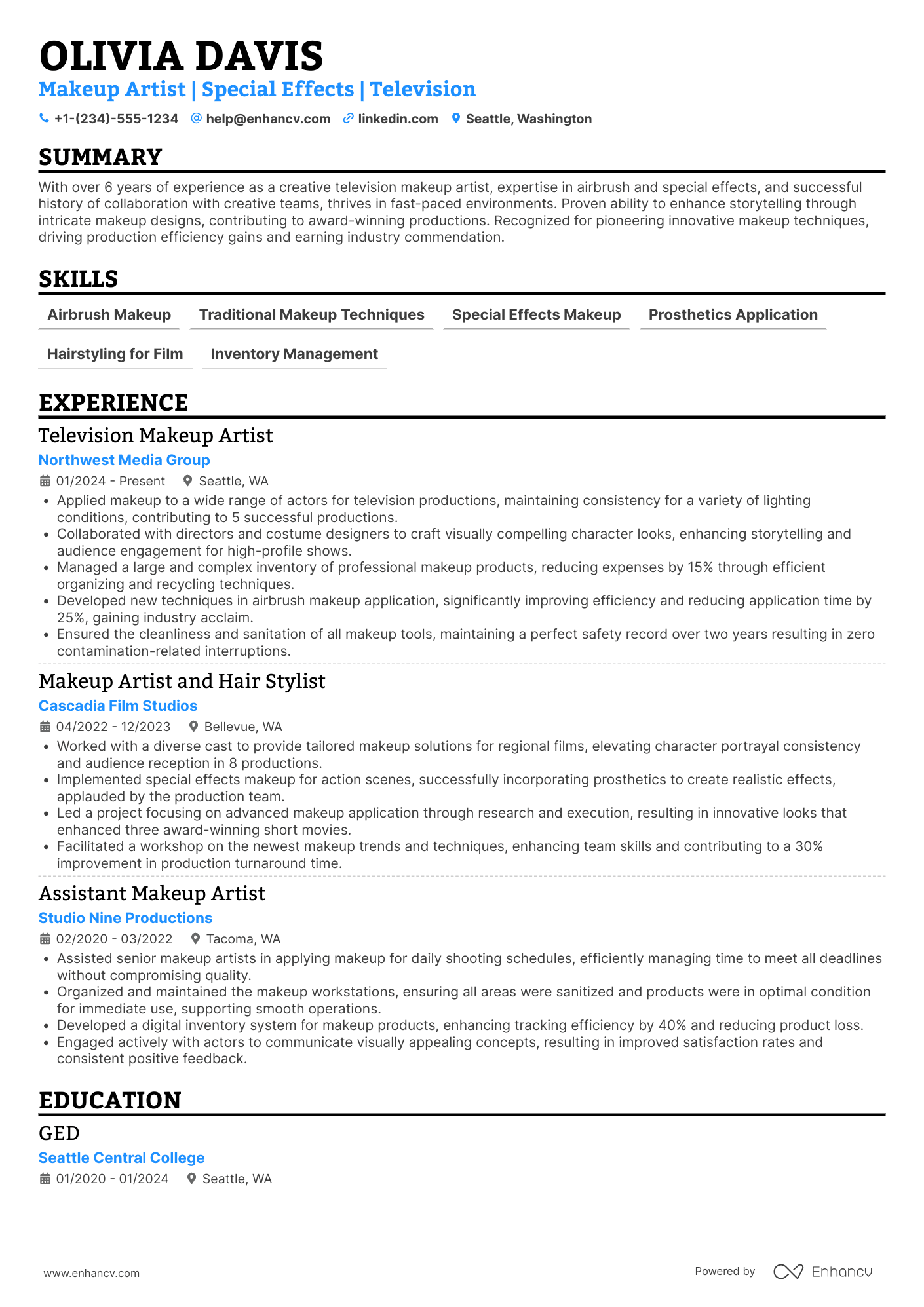 A resume example of a Television Makeup Artist