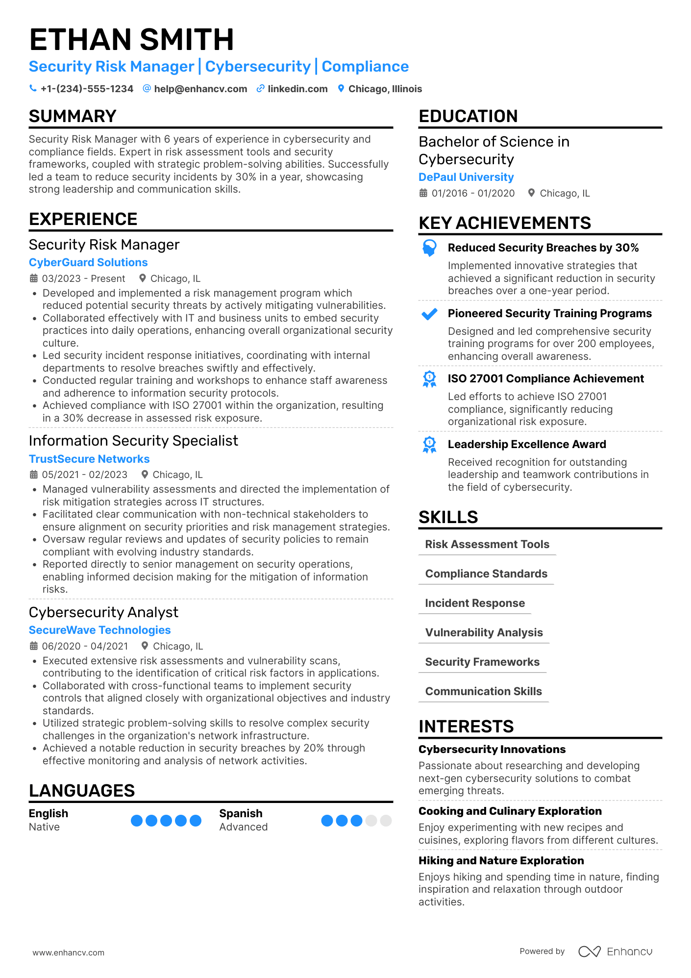 A resume example of a Security Risk Manager