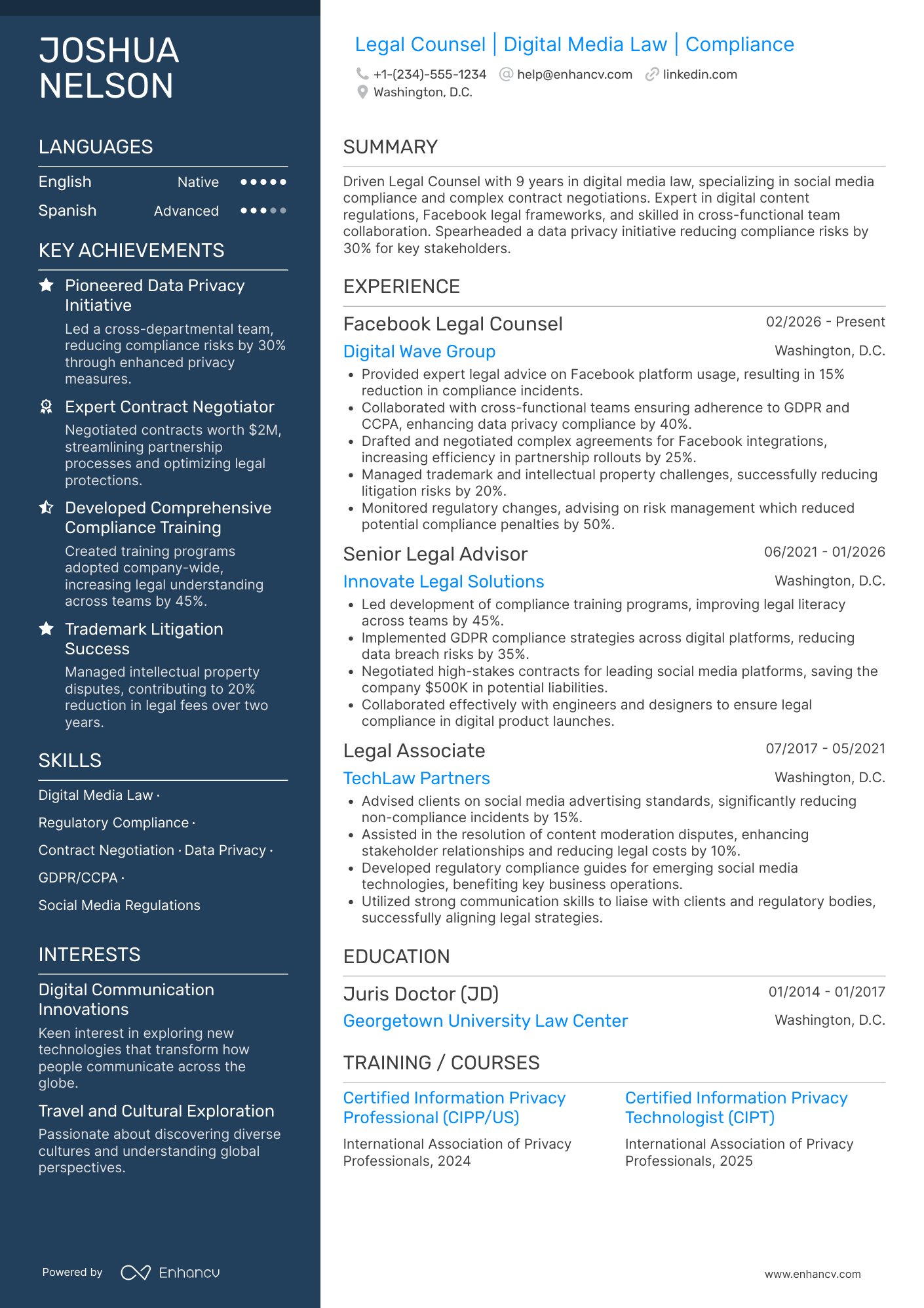 A resume example of a Facebook Legal Counsel