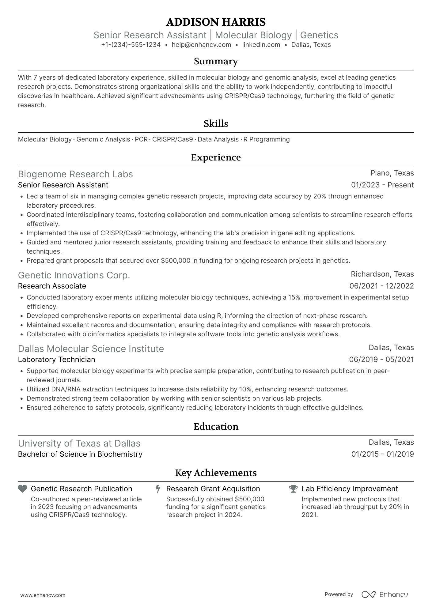 A resume example of a Senior Research Assistant
