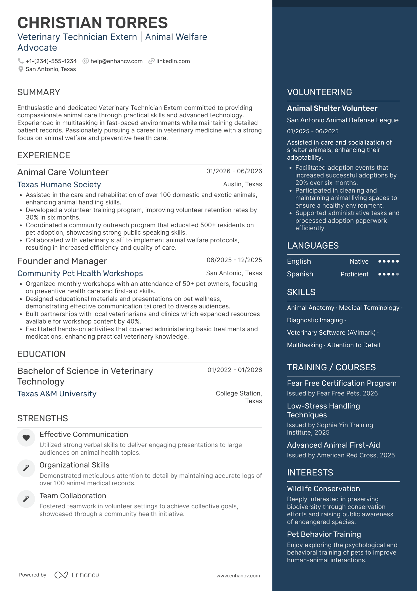 A resume example of a Veterinary Technician Extern