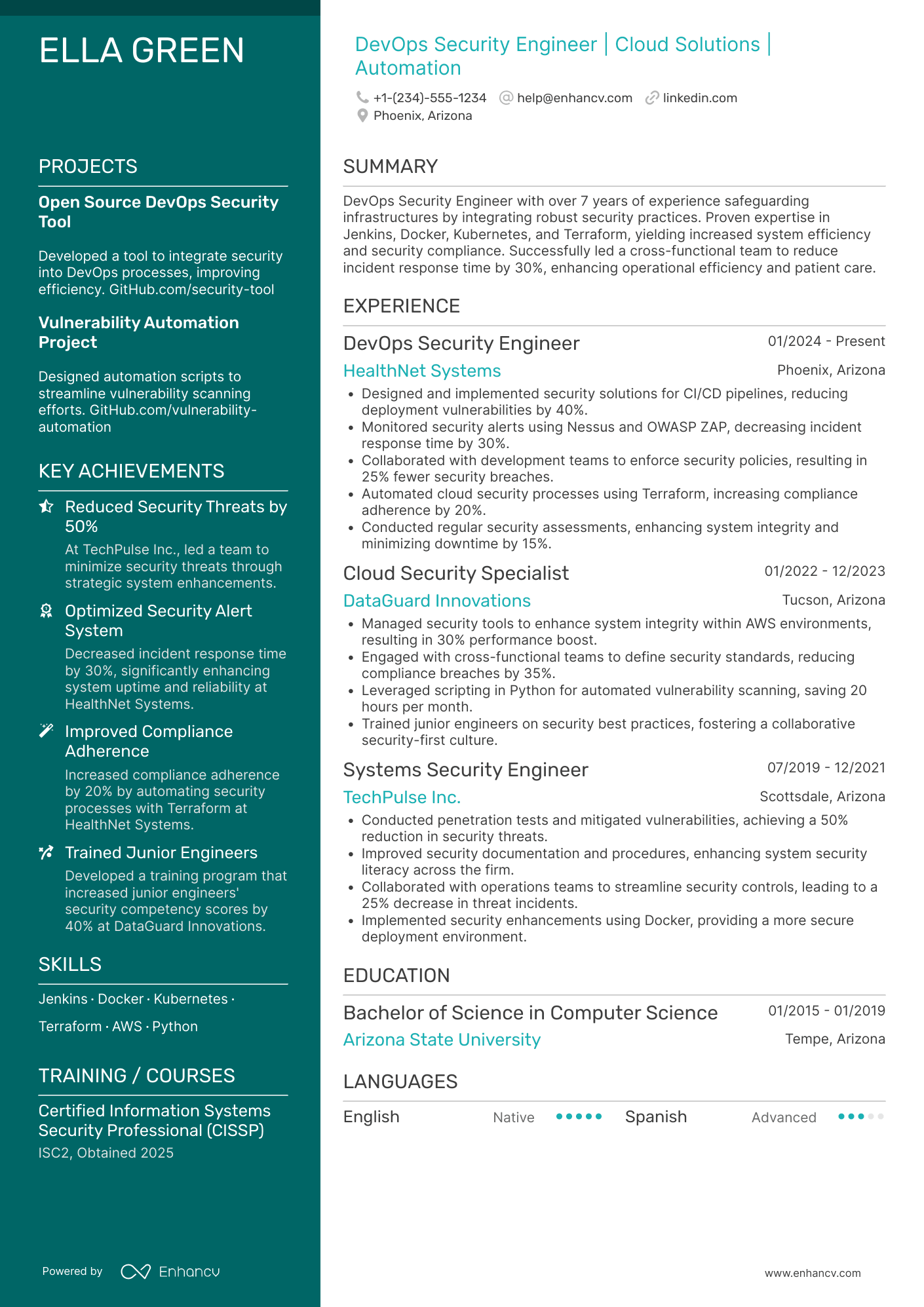 A resume example of a Devops Security Engineer