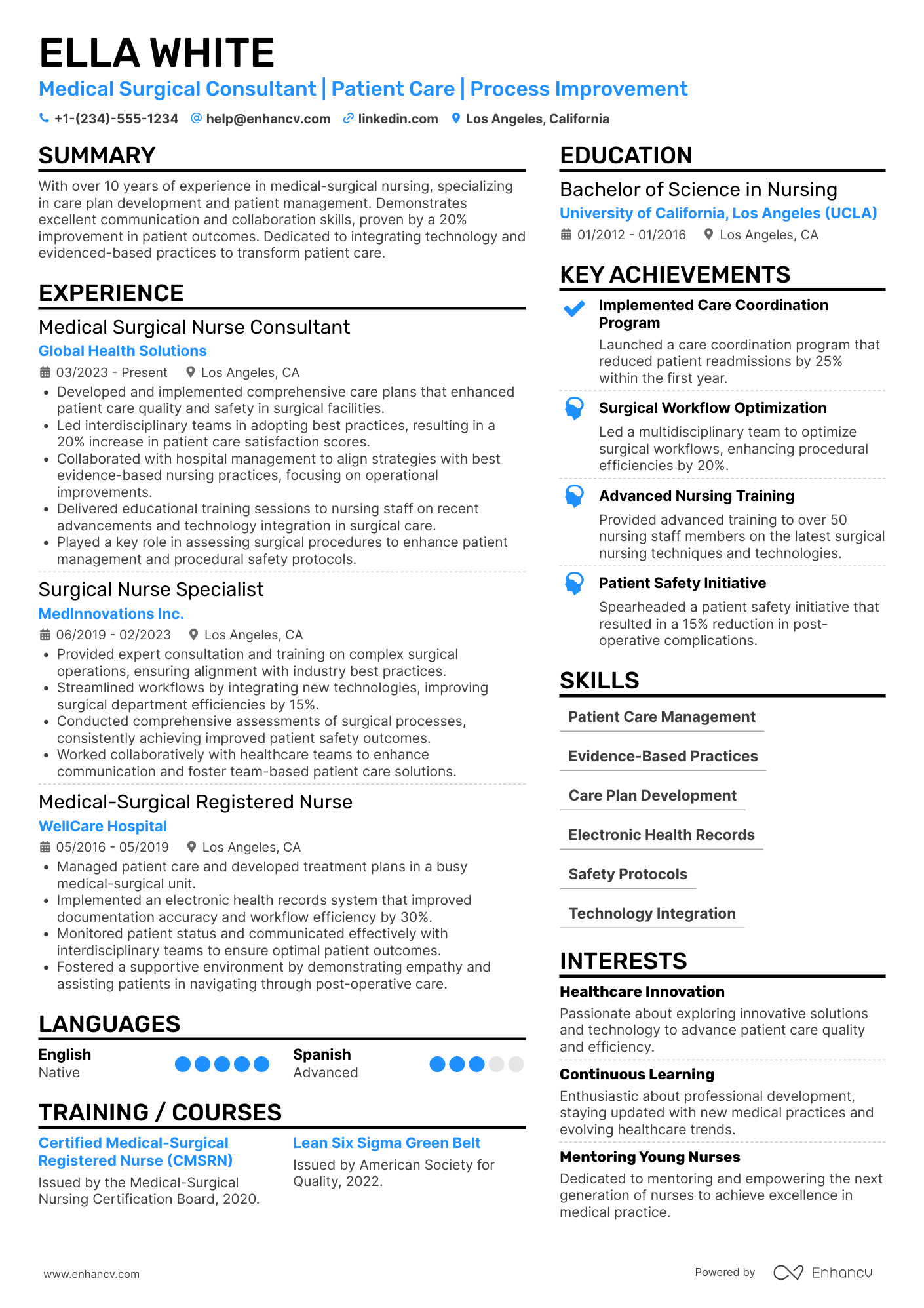 A resume example of a Medical Surgical Nurse Consultant