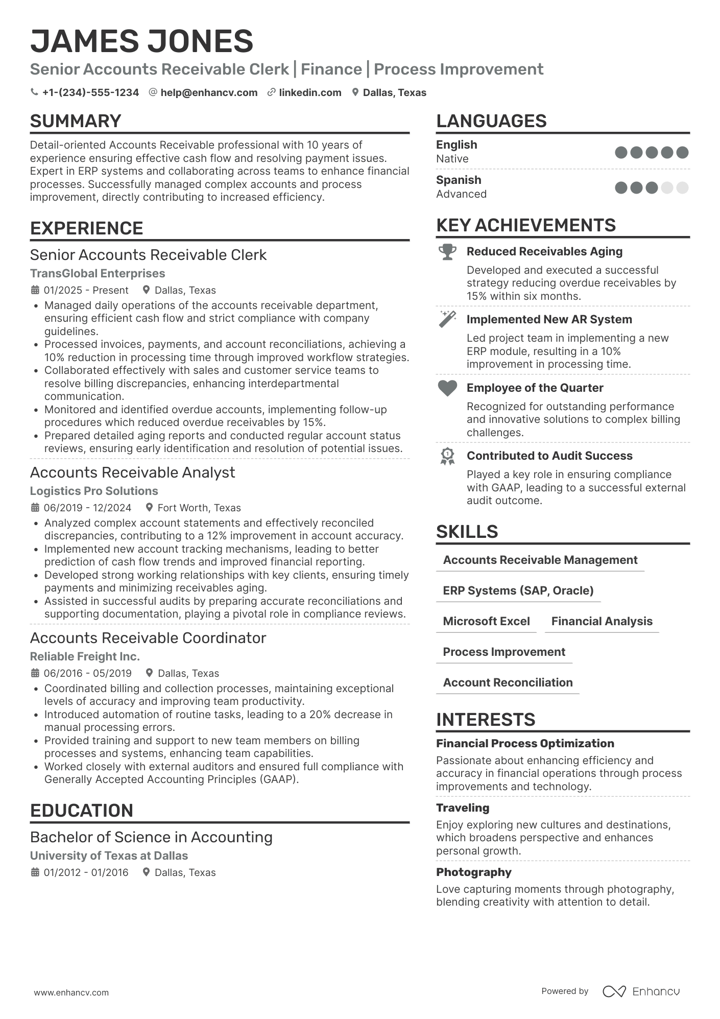 A resume example of a Senior Accounts Receivable Clerk