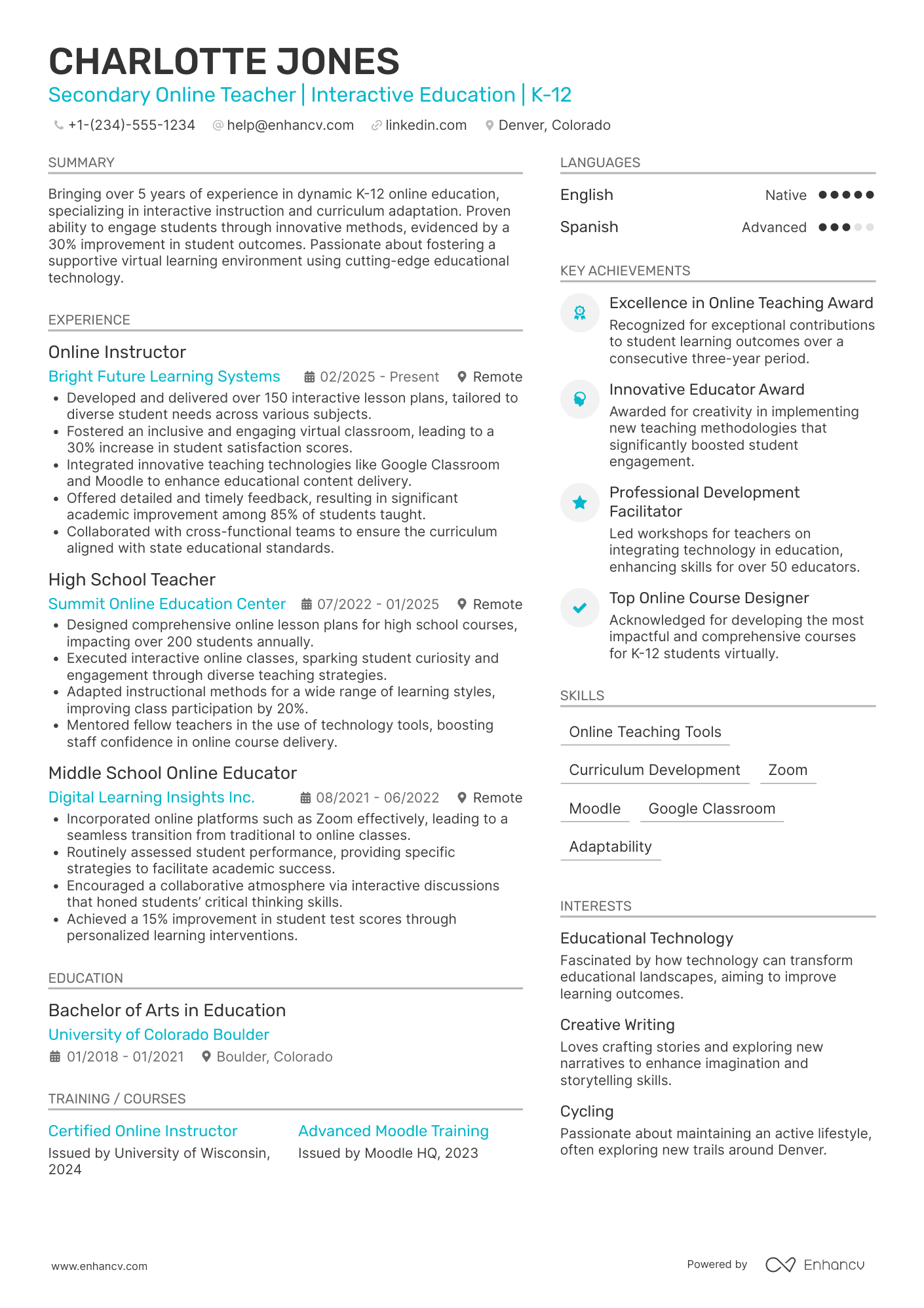 A resume example of a Online Teacher