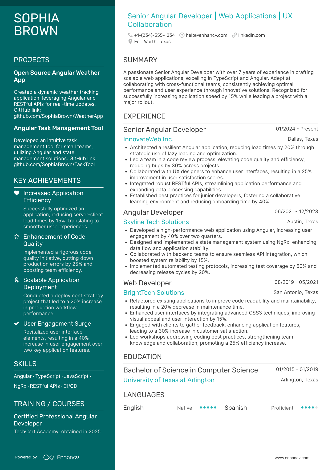 A resume example of a Senior Angular Developer