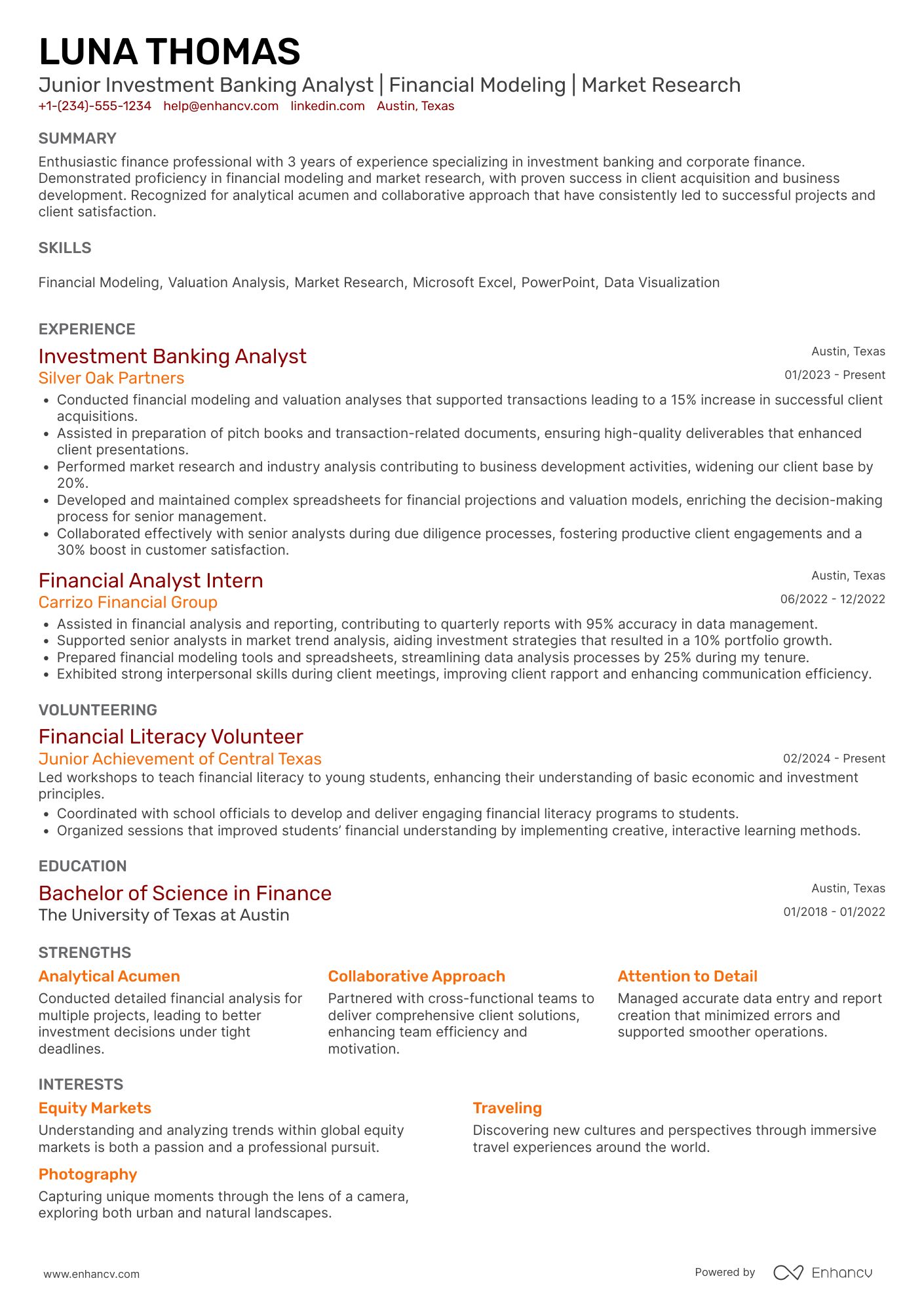 A resume example of a Junior Investment Banking Analyst